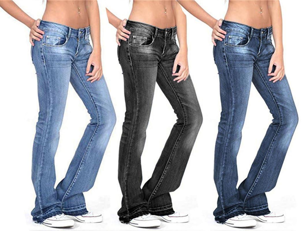 Andongnywell-Women Denim Pants Andongnywell Women's Slim Jeans Plus Size Stretchy Skinny Bell Bottom Bootcut Pant Fringed Trim Mid-Rise Jeans (Blue,XX-Large)