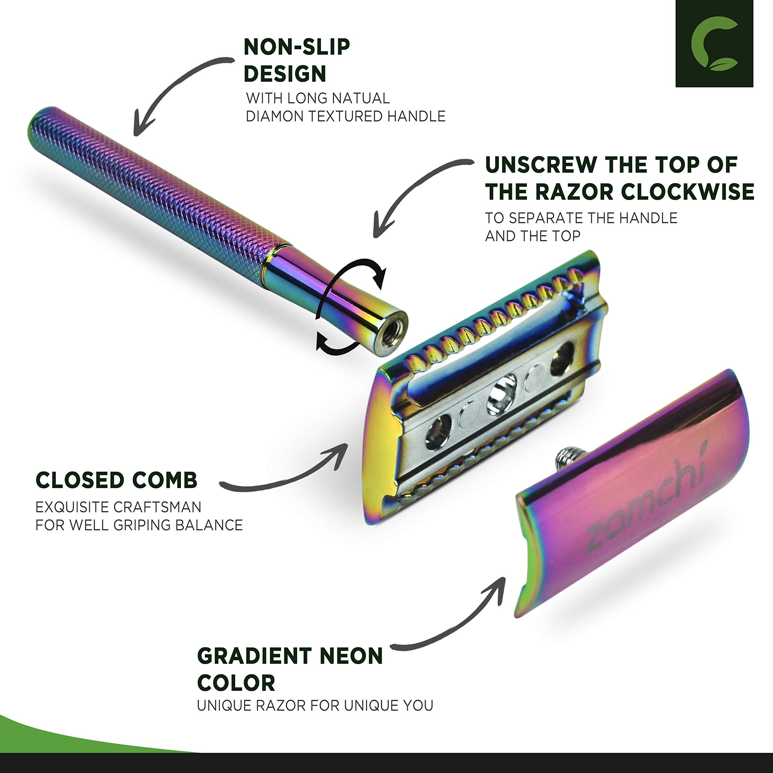 ZOMCHI Safety Razor for Women,Safety Razor with 5 Blades,Women Razor with a Delicate Box,Free of Plastic (Stand Style Rainbow Razor)