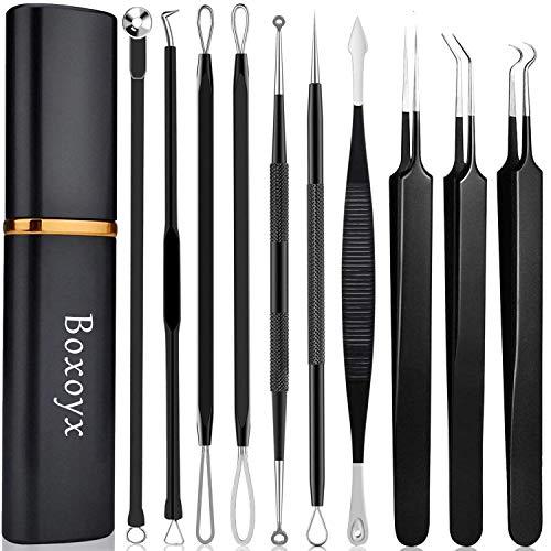 Boxoyx Pimple Popper Tool Kit - Boxoyx 10 Pcs Blackhead Remover Comedone Extractor Kit with Box for Quick and Easy Removal of Pimples, Blackheads, Zit Removing, Forehead,Facial and Nose (Black)