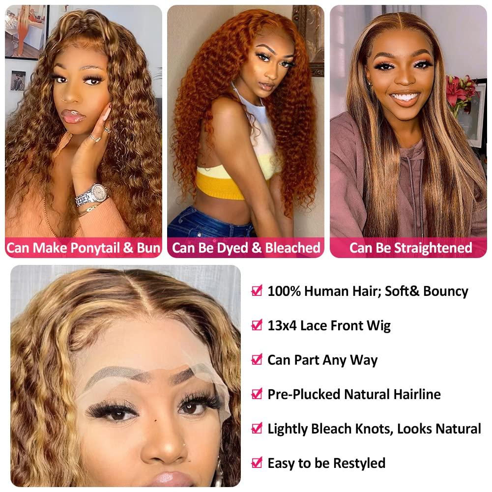 Alibeauty Alibeauty Highlight Ombre Lace Front Wigs Human Hair Pre Plucked with Baby Hair Honey Blonde 13x4 HD Transparent Glueless Lace Frontal Water Wave Wigs for Black Women Natural Hairline 26 inch