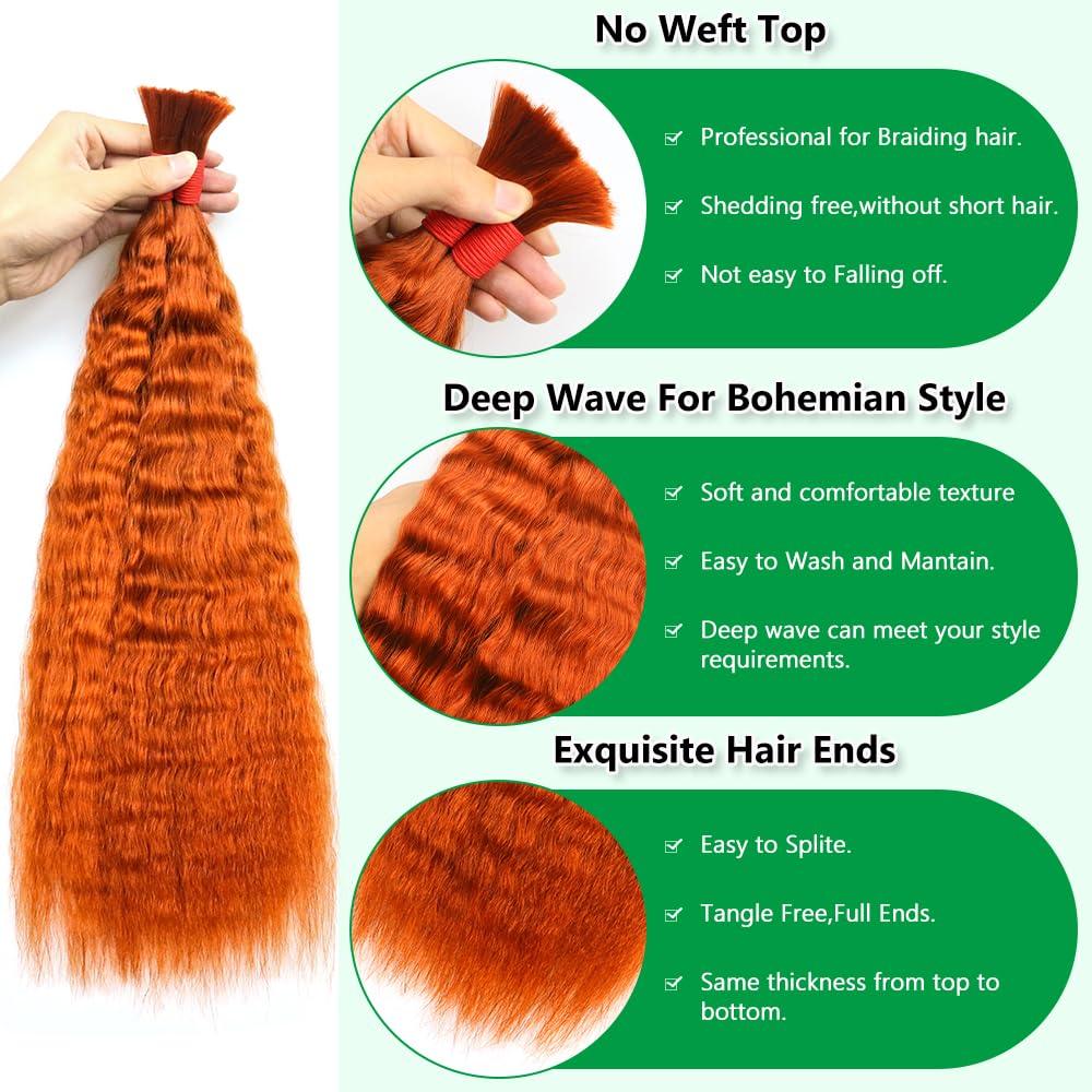 MIMORE Micro Braiding Hair Human Bulk Hair Wet and Wavy Super Bulk 18-100g (1Pack/2Bundles) Virgin Human Braiding Hair for Micro Braids Hair No Weft Human Hair Braid Extension (#350 Ginger Color,Super Bulk)