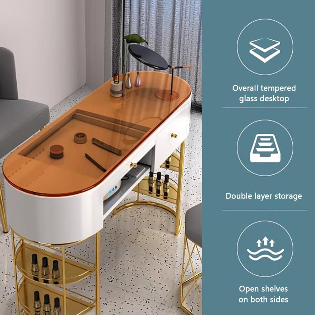 BOYITES BOYITES Freestanding Tempered Glass Manicure Table, Modern Art Nail Tech Workstation, Professional Manicure Shop Equipment, Nail Table with Storage Legs, Assembled Manicure Booth,140cm