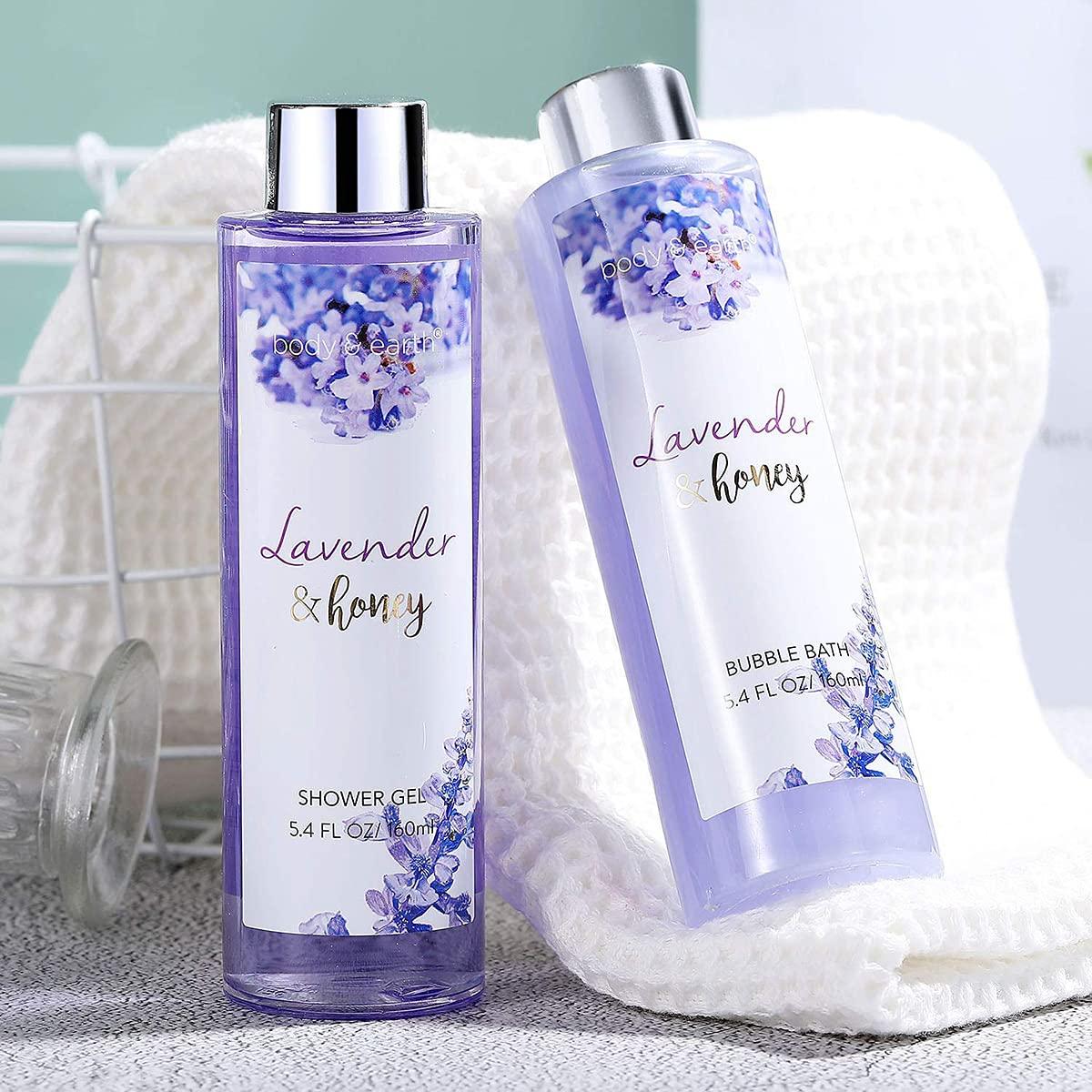 BODY & EARTH Bath and Body Gift Set - Lavender Gifts for Women, Body & Earth Bath & Shower Sets, 8 Pcs Lavender Honey Gift Sets with Bubble Bath, Lotion Set, Soap, Spa Kit for Women, Christmas Gifts for Mom