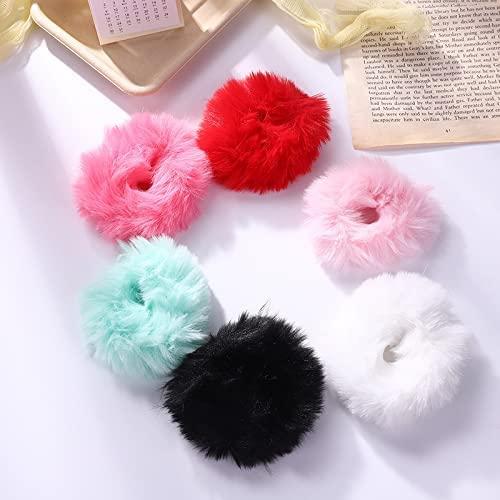 LOPURO Faux Fur Hair Scrunchies, Pom Pom Hair Tie Furry Hair Bands with Faux Rabbit Fur Fluffy Elastic Hair Bobbles Ponytail Holders Women Hair Accessories