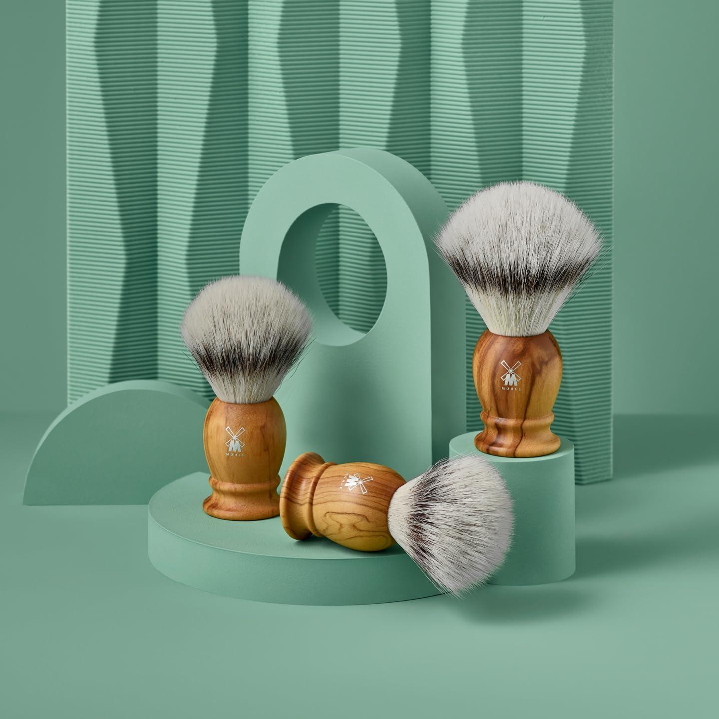 M MHLE MHLE Classic Olive Wood Small Silvertip Fiber Shaving Brush - Synthetic Luxury Shave Brush for Men, Rich Lather