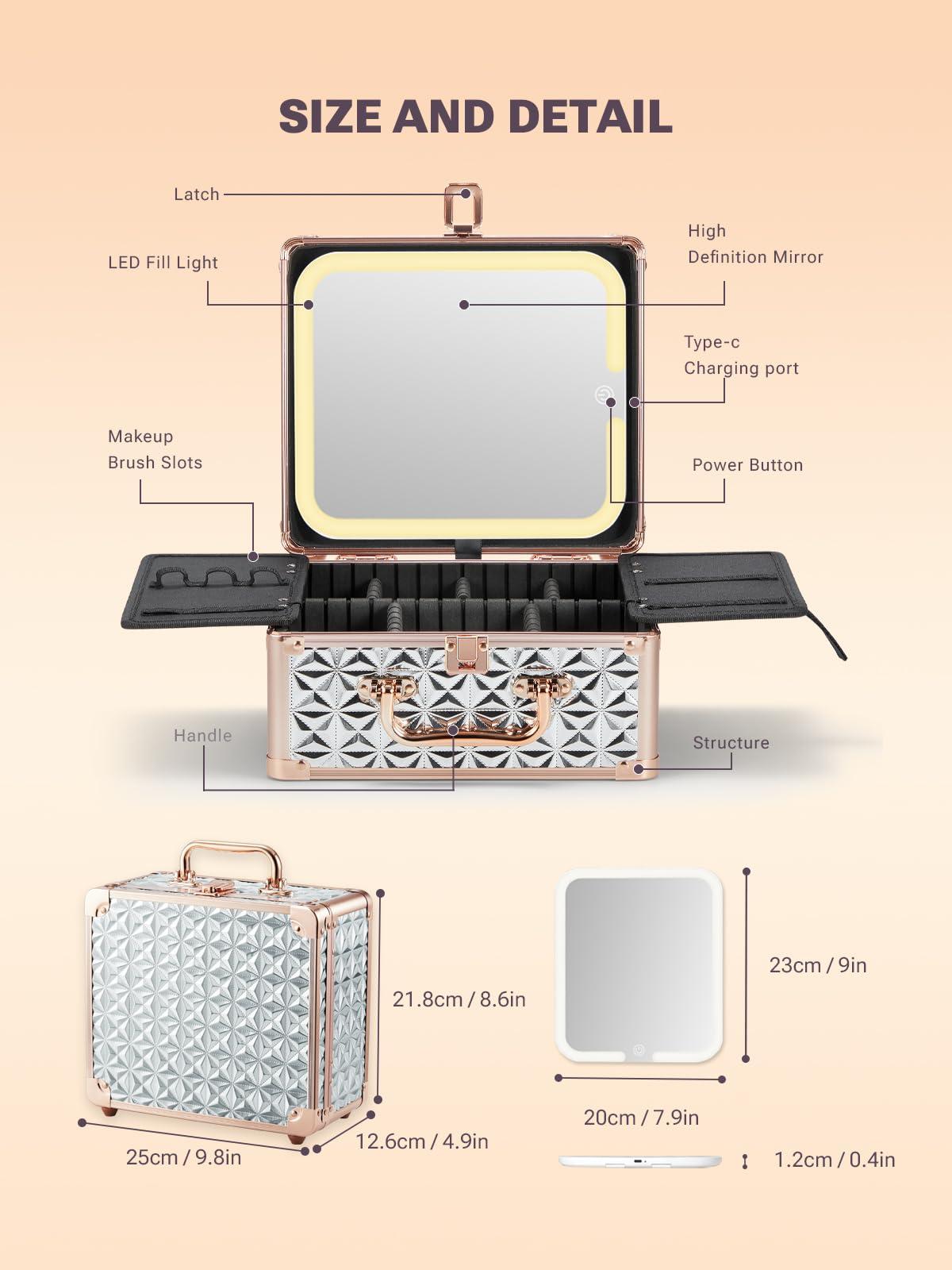 Qislee Qislee Makeup Box with A Detachable Lighted Mirror, Waterproof Travel Train Case, Cosmetic Organizer and Makeup Suitcase with Adjustable Dividers, Magnetic LED Mirror(Sparkling Silver)