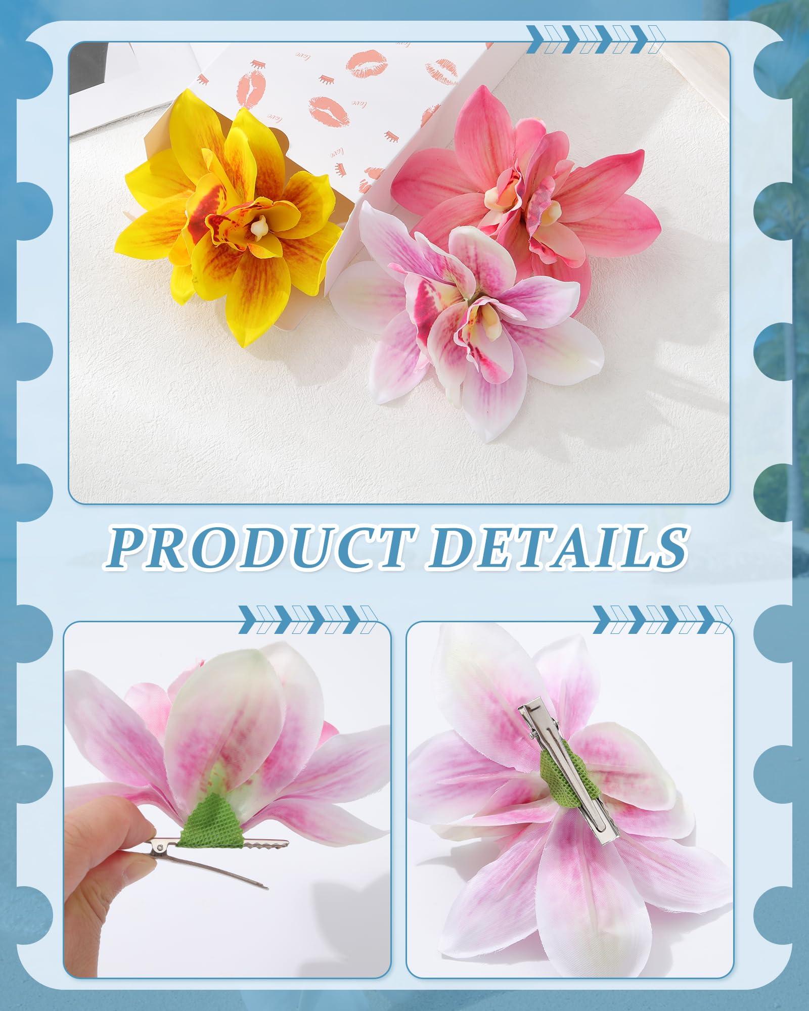 Ufgin 3 PCS Hawaiian Hair Accessories: Orchid, Hibiscus, and Artificial Flower Barrettes for Women (Pink, Rose, Yellow) - Ideal for Wedding, Bridal, Beach Party