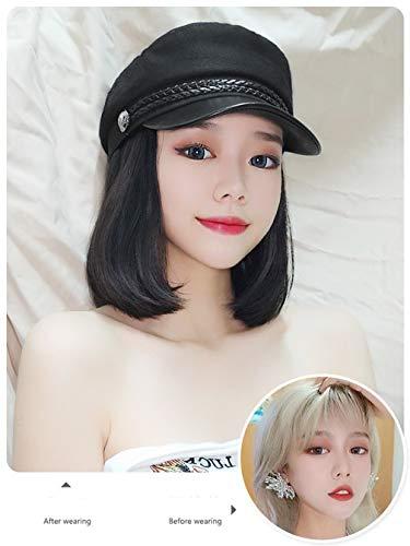 KXW KXW Baker Boy Hat Wigs for Women, Winter Newsboy Cap Hat with Synthetic Short Straight Bob Wig Hair Attached Dismountable Glueless for Daily (Natural Black Wig, 10 in/25cm)