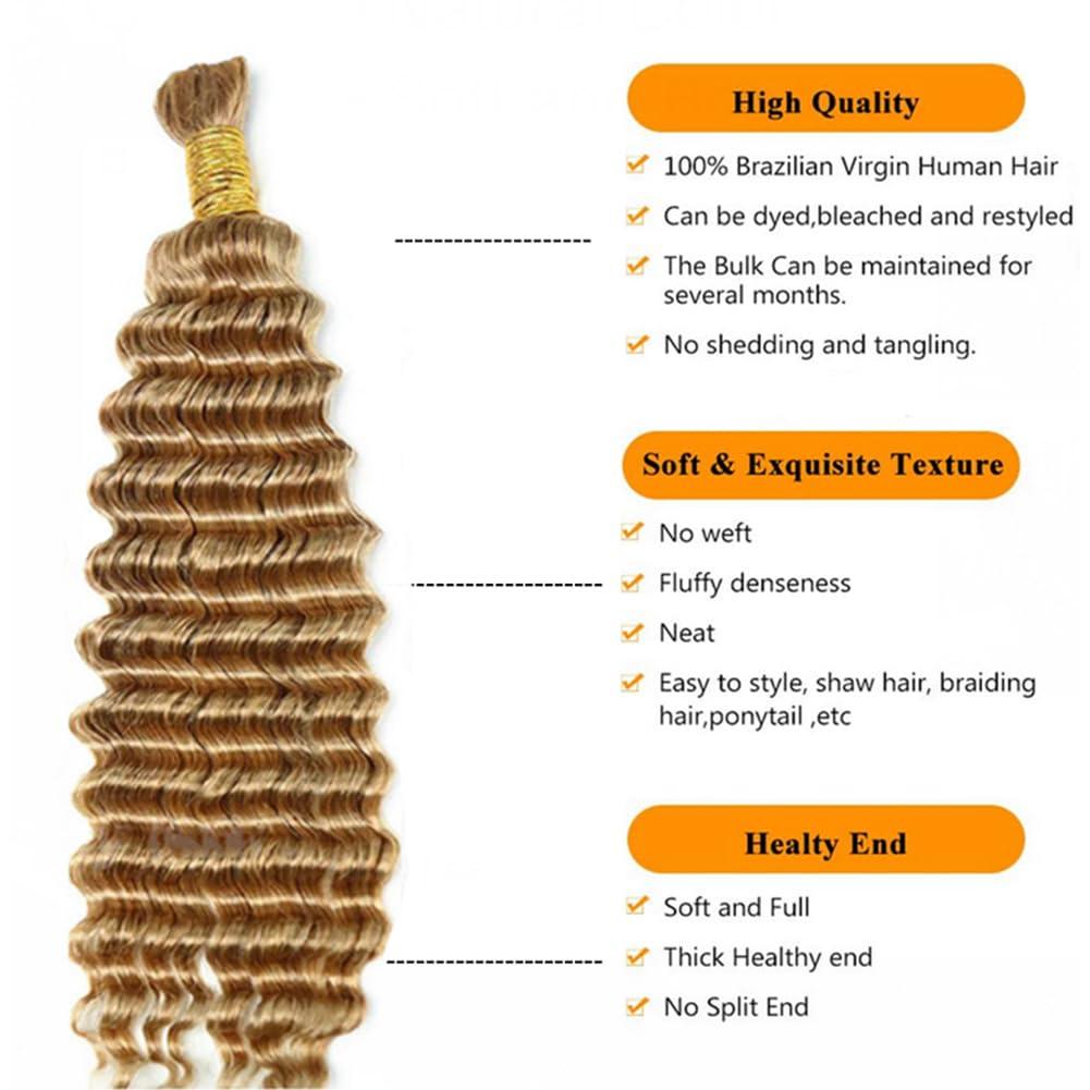 Kiss darling LASHES Kiss darling LASHES Bulk Human Hair for Braiding Deep Wave Human Braiding Hair Micro Braiding Hair Extensions #27 Honey Blonde Raw Bulk Hair No Weft for Box Boho Braids 22inch 100g/bundles