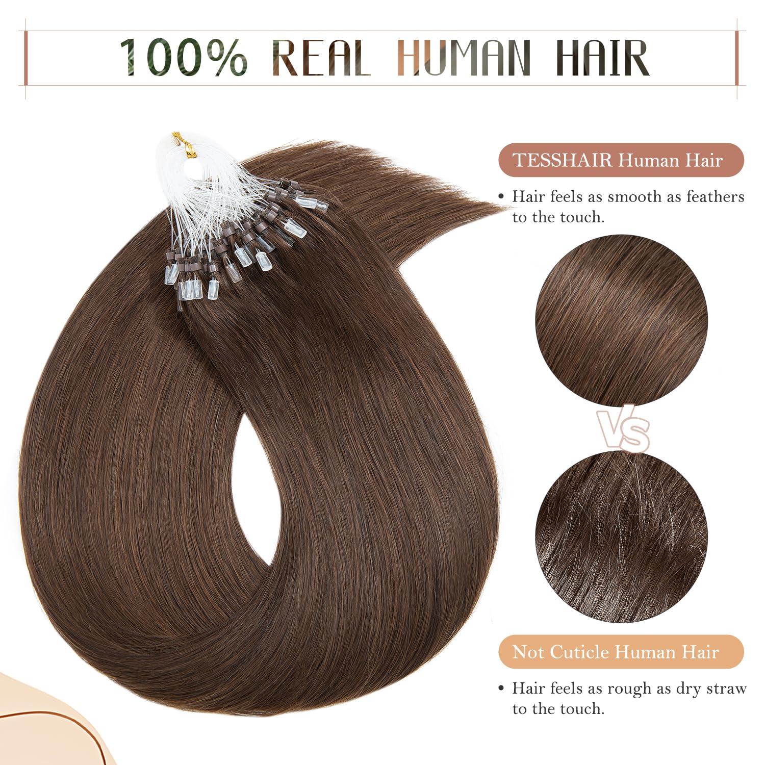 TESSHAIR TESSHAIR 16 Inch Microbead Hair Extensions Human Hair, Micro Ring Hair Extension Beads 100% Real Human Hair for Women, Natural Can be Washed Curled Dyed Permed, 50 Strands 50g #04 Medium Brown