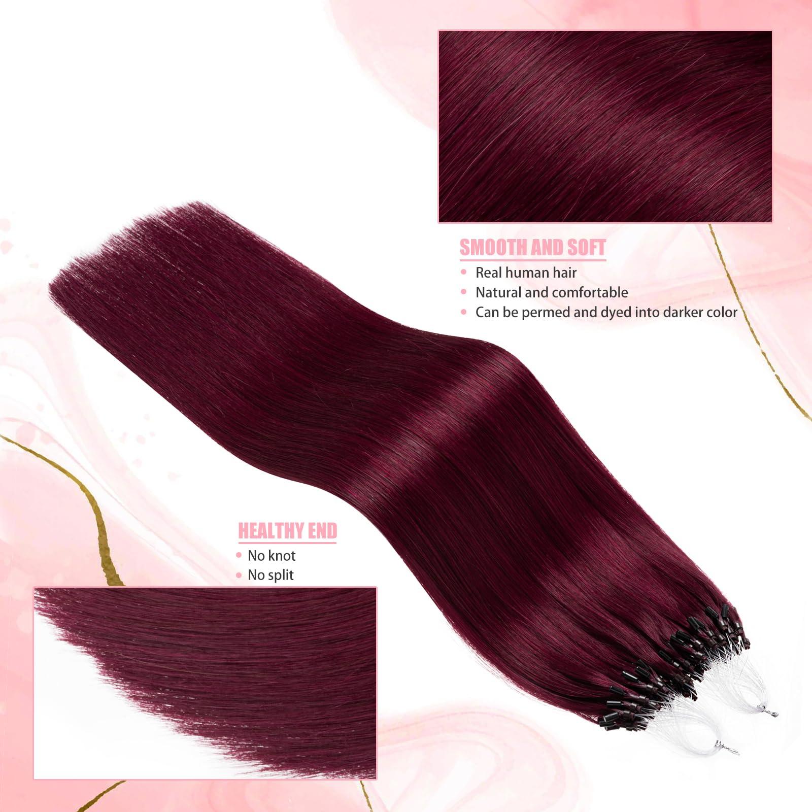 Senmy Senmy Micro Link Hair Extensions Human Hair Red Hair Extensions Burgundy Micro Loop Hair Extensions Real Human Hair 1g/strand 50g Deep Wine Red 14inch Microlink Hair Extensions #99J