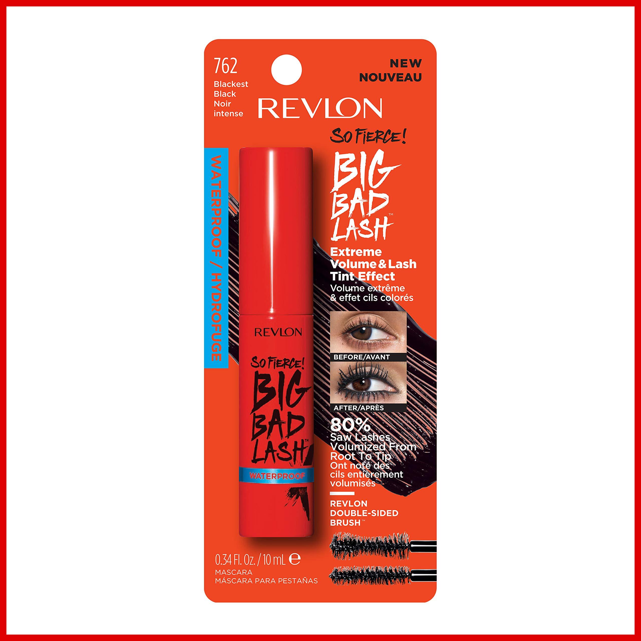 REVLON Revlon Mascara, So Fierce Big Bad Lash Eye Makeup, Volumizing, Lasts up to 24 Hours, No Clump, Smudge-Proof, Flake-Free, 762 Waterproof Blackest Black, 0.34 fl oz