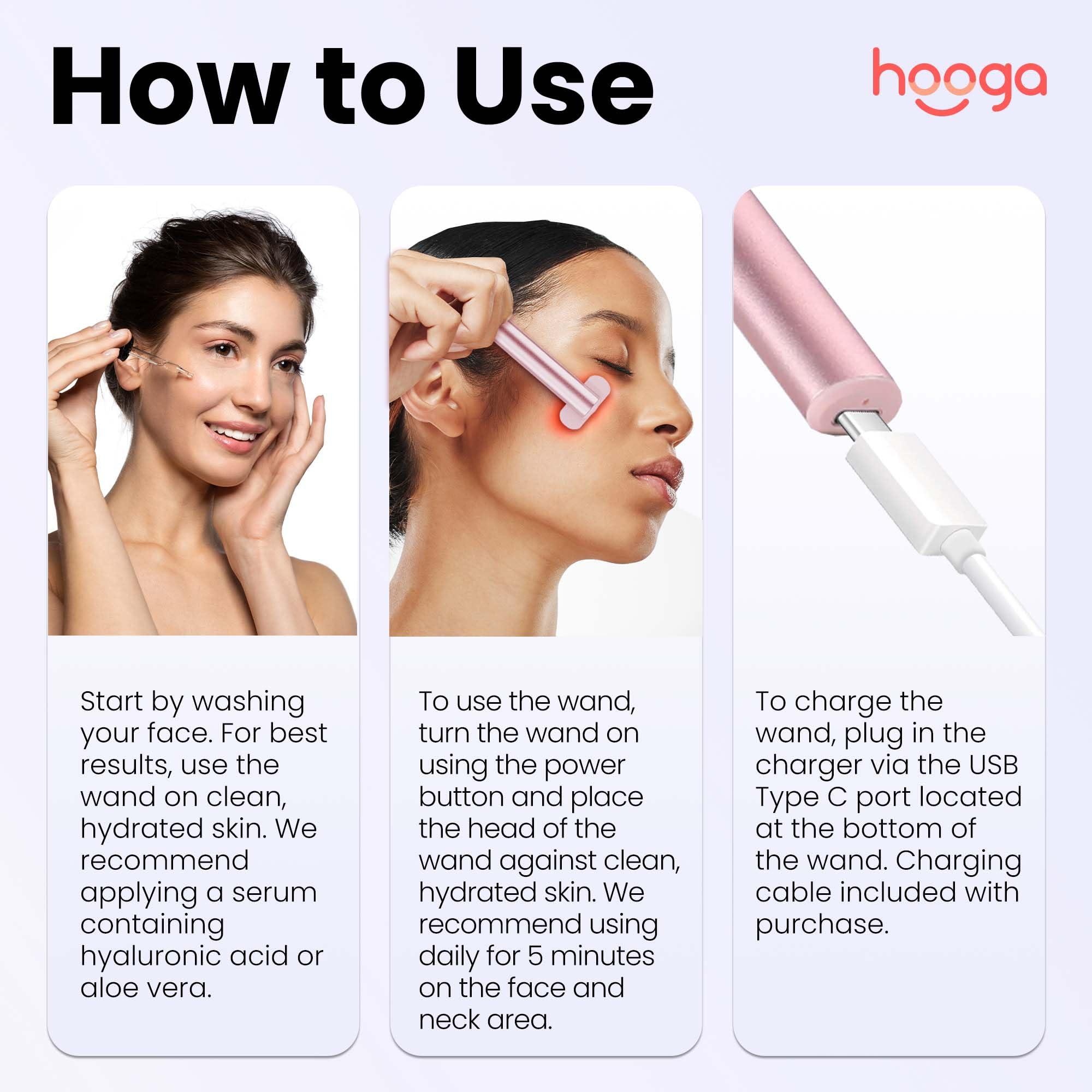 hooga Hooga Facial Wand, Red Light Therapy Wand for Face and Neck with Microcurrent, Heat, and Massage for Anti-Aging, Wrinkles, Beauty, Skin Care. USB Rechargeable.