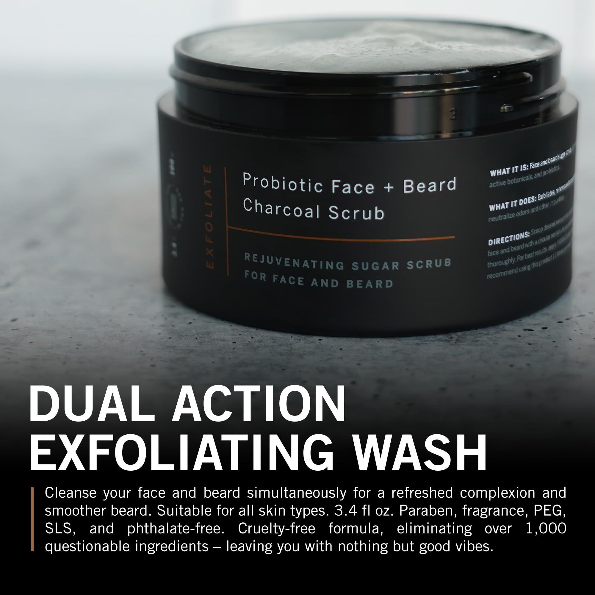 stubble & stache stubble & stache Exfoliating Probiotic Face & Beard Charcoal Sugar Scrub for Men - Deep Cleanse, Pre-Shave Wash, Natural Pore Minimizing Scrub for Daily Use - 3.4 fl oz
