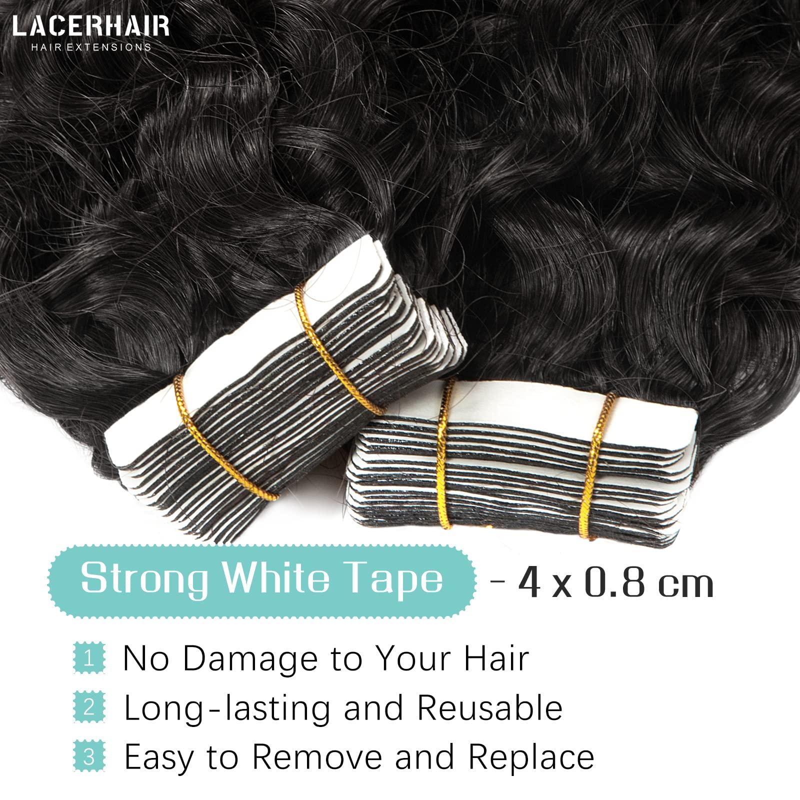 Lacer Lacerhair Jerry Curly Tape in Black Hair Extensions Human Hair Extensions 3B 3C Virgin Double Sided Curly Hair Extensions Real Human Hair Tape in for Black Women #1B 12 Inch 80G/32Pcs
