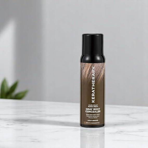 KERATHERAPY Keratherapy Keratin Infused Perfect Match Gray Root Concealer Spray, Light Brown, 3 oz, 118ml - Root Cover Up Spray to Hide Gray Roots - Keratin Therapy Hair Darkening & Temporary Scalp Concealer