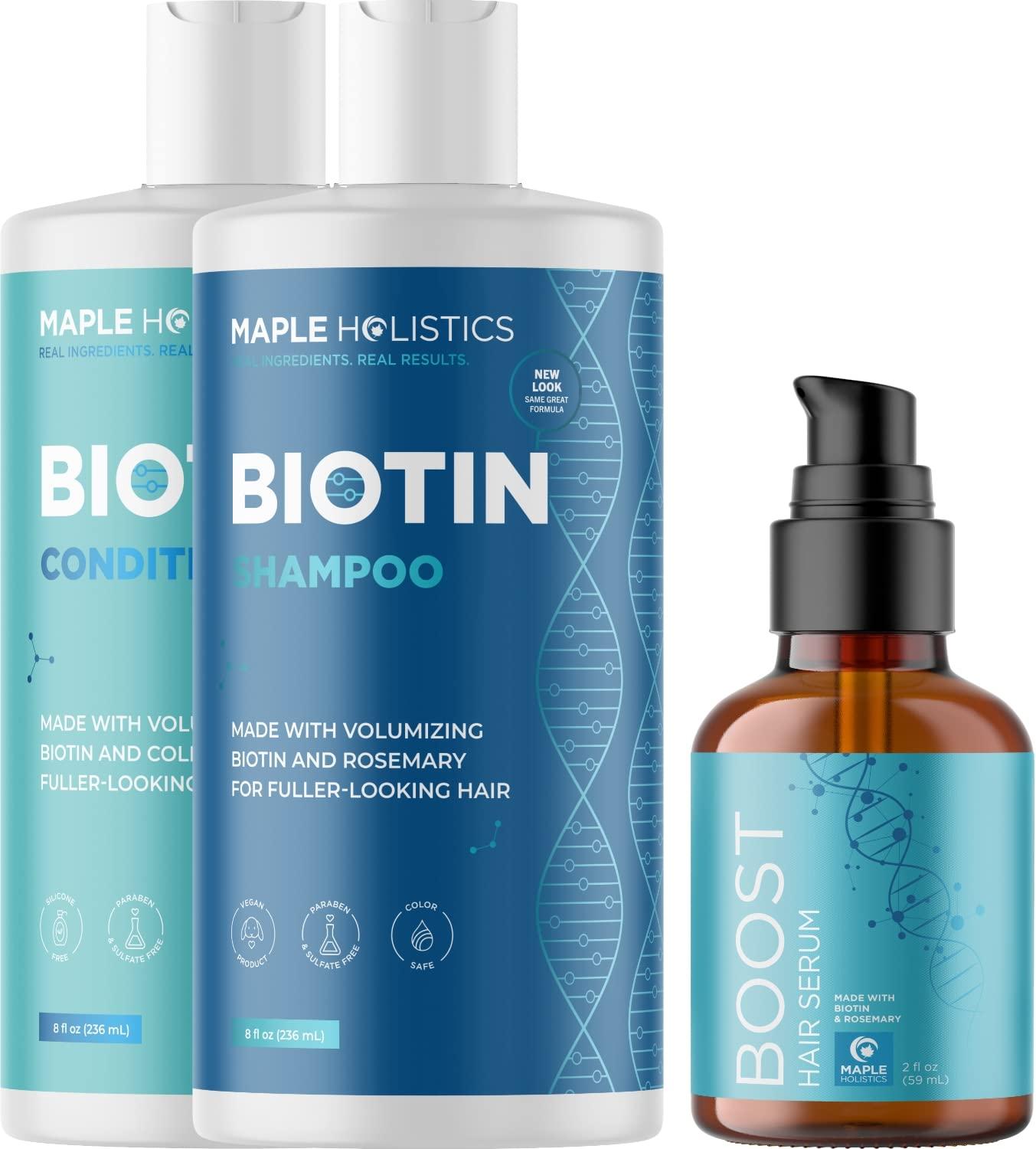 Maple Holistics Hair Growth and Thickening Set for Women and Men - Biotin Infused Shampoo, Conditioner, and Hair Thickening Serum with Castor and Rosemary Oil
