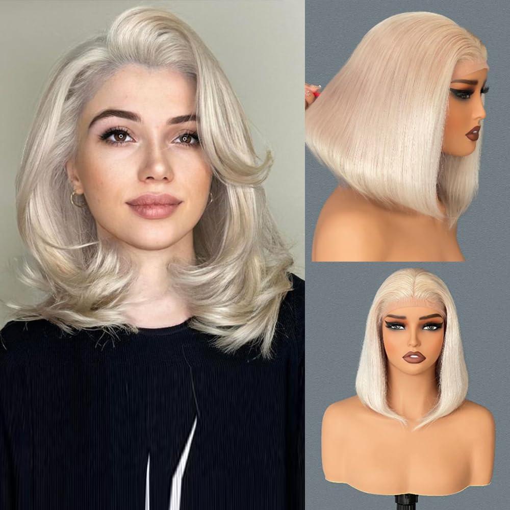 Byluxurious Byluxurious 60# Grey Platinum Blonde Wig Human Hair for White Pre Plucked HD Transparent Short Bob Wigs Human Hair Silver Ash White Lace front Wig For Women T Part Brazilian Hair 12 Inch 150 Density
