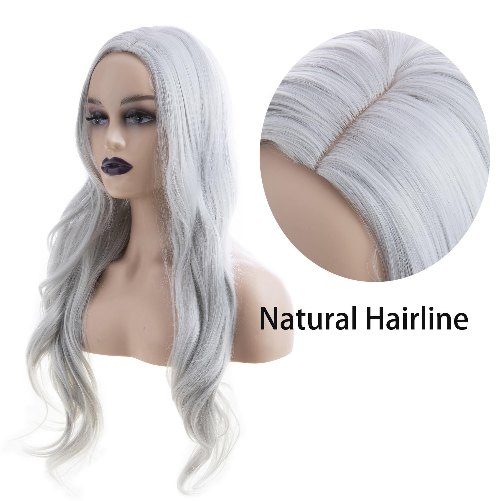 Baruisi Baruisi Long Wavy Silver Grey Wigs for Women Side Part Natural Looking Cosplay Synthetic Fiber Wig Heat Resistant Replacement Wig