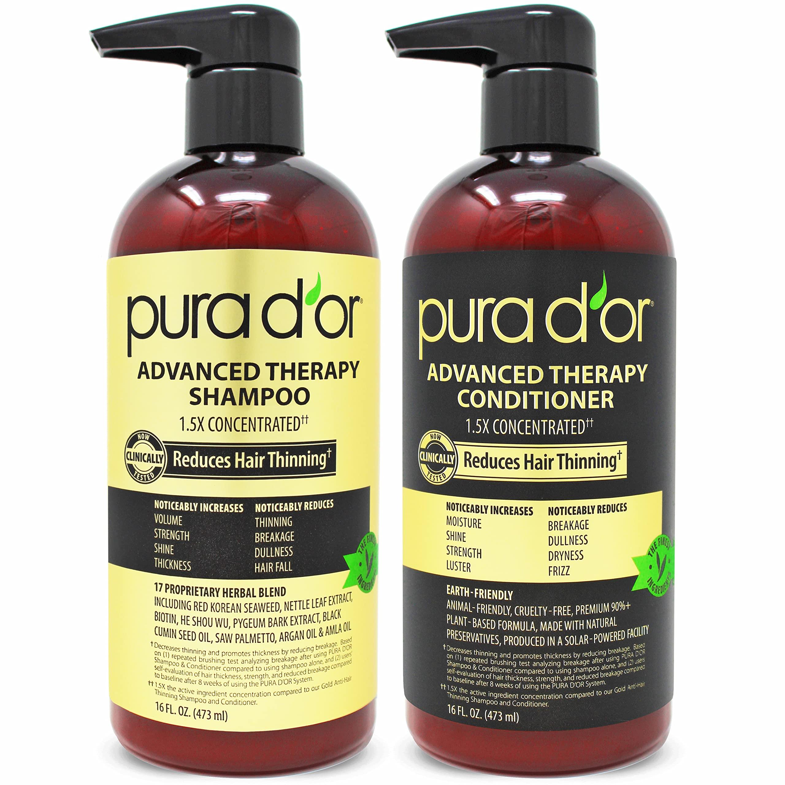 PURA D'OR PURA D\'OR Anti-Thinning Advanced Therapy Biotin Shampoo & Conditioner Hair Care Set, Clinically Proven, DHT Blocker Hair Thickening Products For Women & Men, Natural Daily Routine Shampoo, 16oz x 2 and PURA D\'OR Scalp Therapy Energizing Scalp Serum