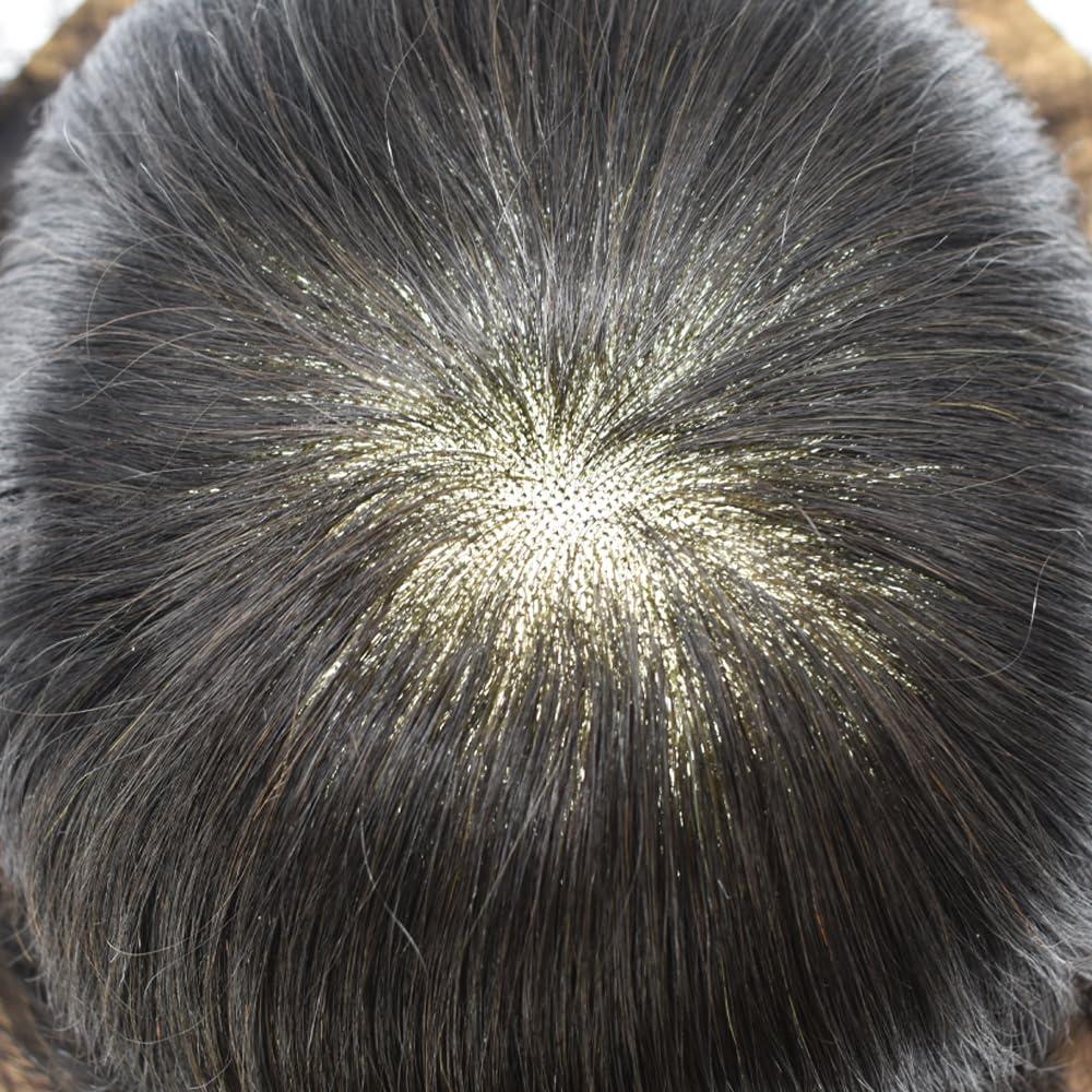 LYRICAL HAIR Toupee for Men Hair System Replacement Mens Human Hair Piece Fine Mono Mens Toupee Clear Poly Skin Around Hairpiece Monofilament Wig 6\"X8\" #1B80 Off Black+80% Gray-110% Light to Medium Density
