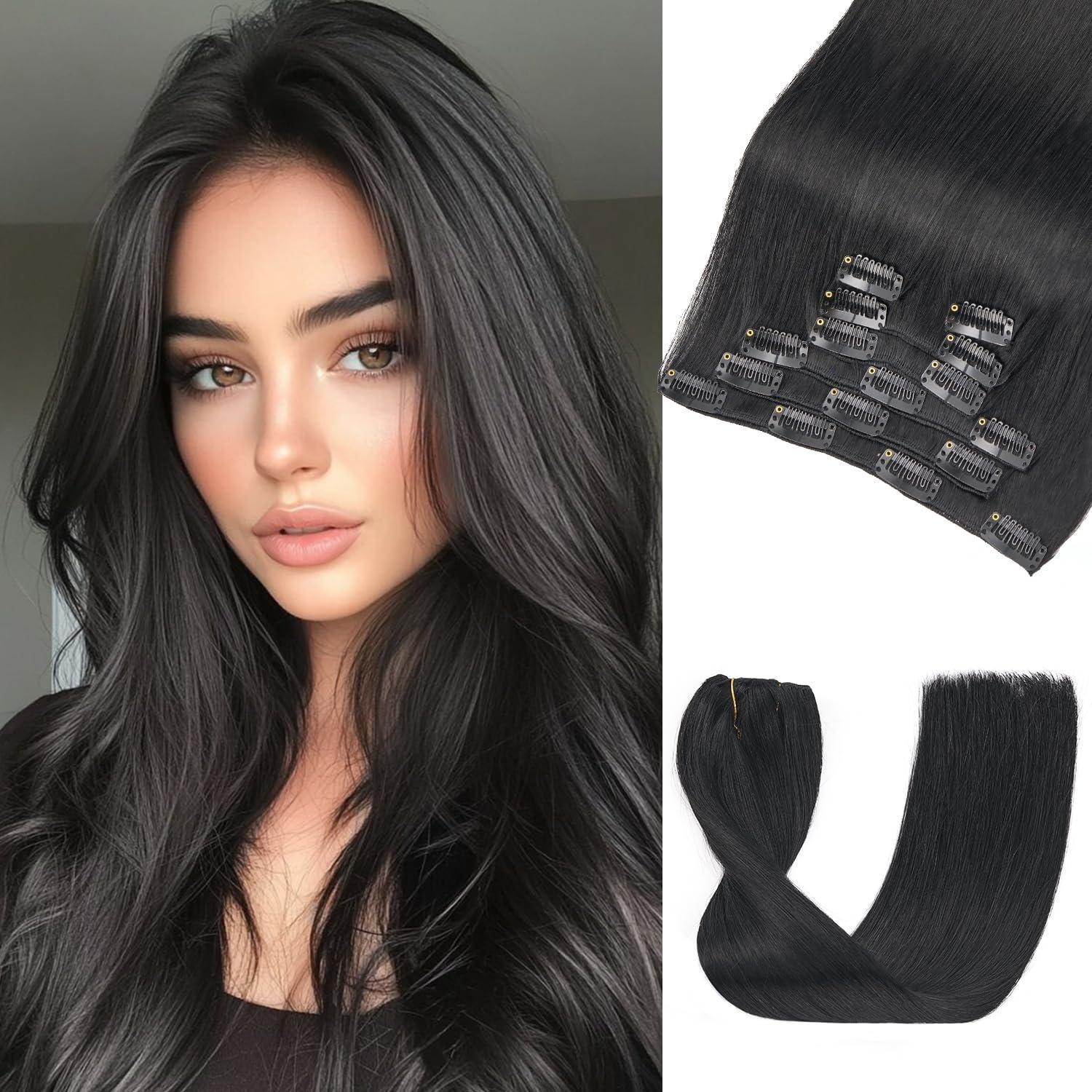 Loveline Loveline Clip In Hair Extensions 22 Inch Human Hair Clip in Real Human Hair Extension for Women Jet Black 120g 7 Pieces Per Set
