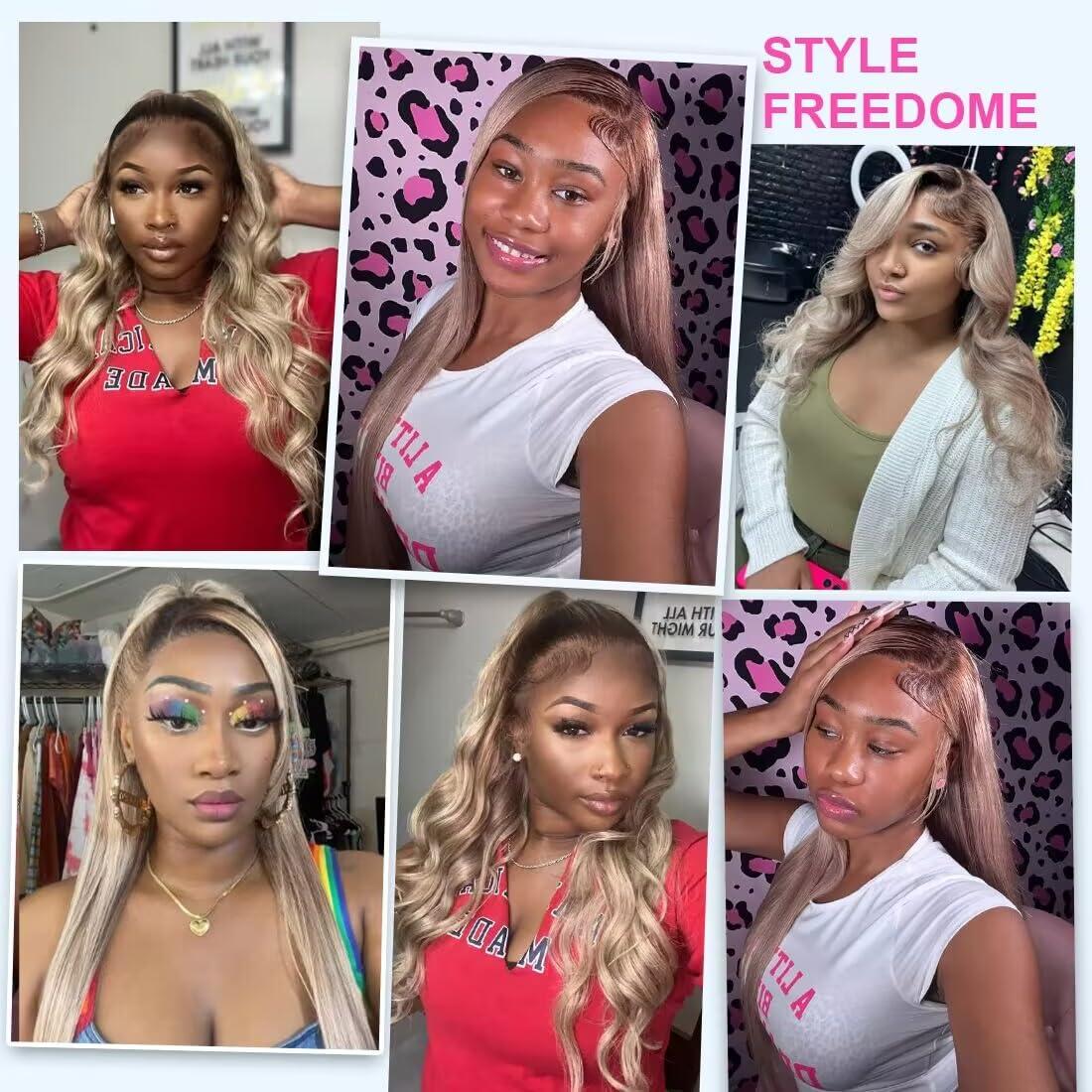 koinu Ash Blonde Wig Human Hair 13x4 Transparent Lace Front Wigs Human Hair 200% Density Ash Blonde Straight Lace Front Wigs for Black Women Pre Plucked Dark Brown Roots Human Hair Wig Pre Plucked 30 Inch