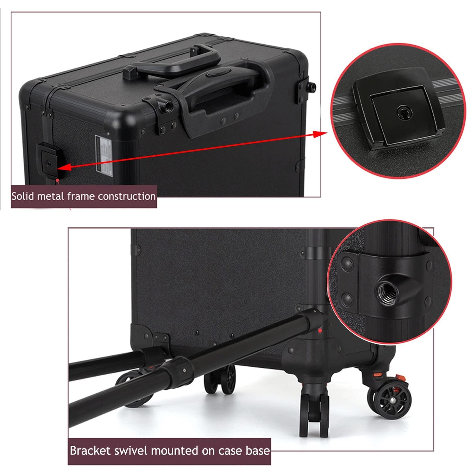 HJXGQJM Rolling Makeup Case Professional Makeup Train Case Makeup Artist Travel Organizer, Cosmetic Case With LED Light With Stand, Infinitely Dimmable, Two-colour, Aluminium Make Up Case, Black cosmetic case