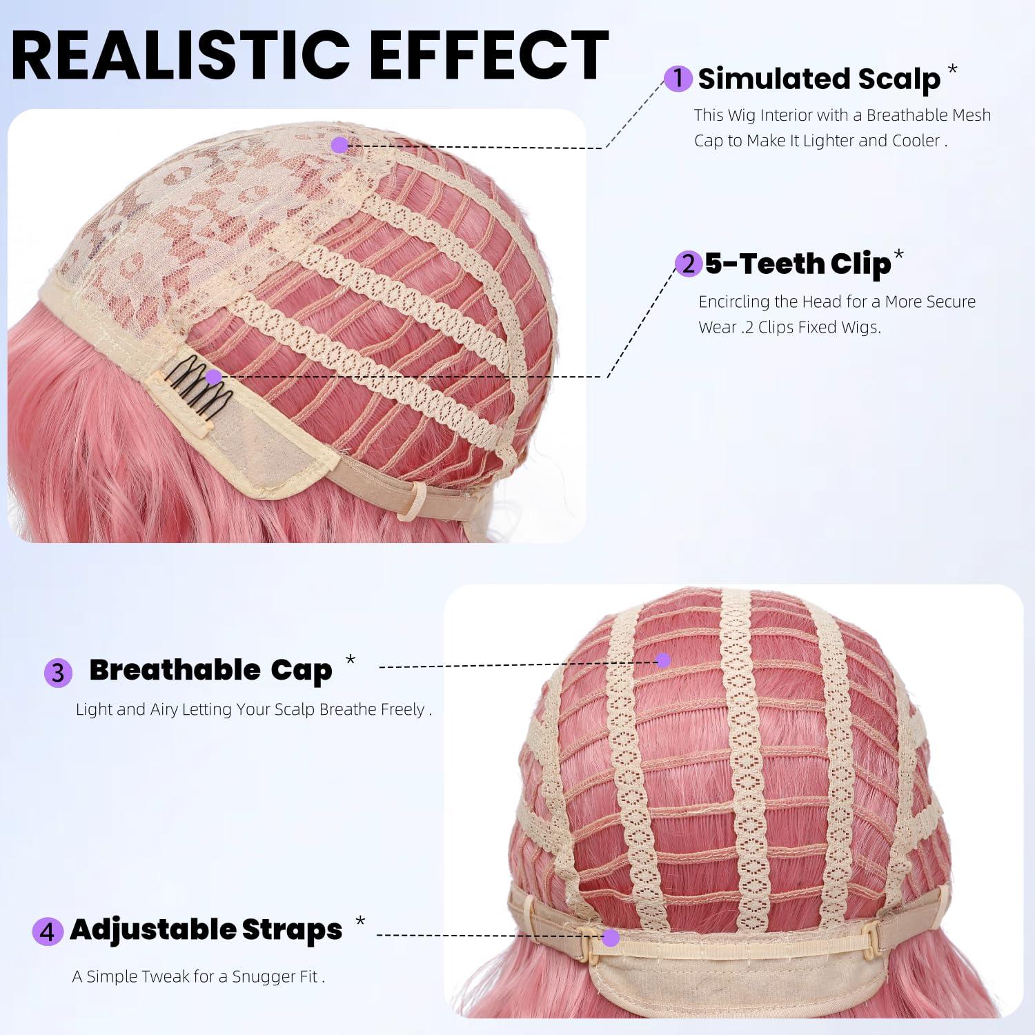 VOLLIUKE VOLLIUKE Short Pink Bob Wavy Wig with Bangs for Women Shoulder Length Women\'s Charming Synthetic Wigs with Natural Wavy Pink Heat Resistant Fiber Wig for Daily Party Use