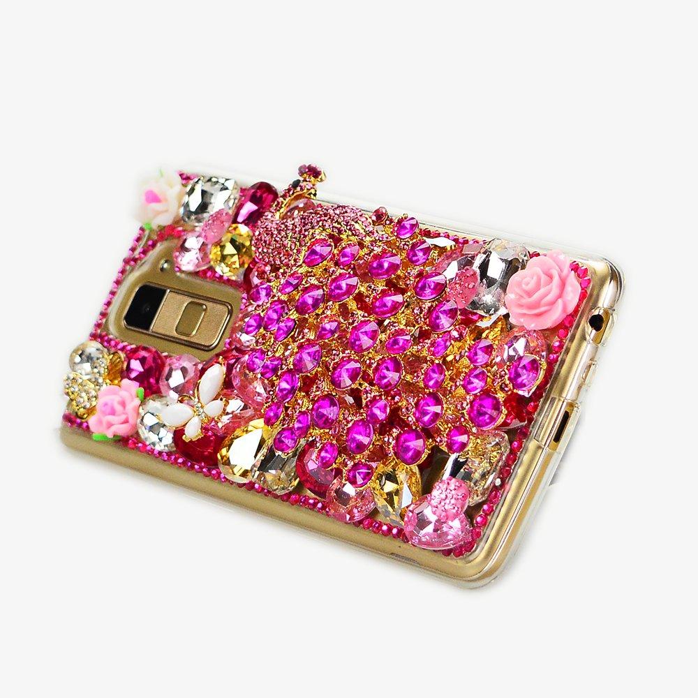 STENES STENES LG Stylo 2 Case - Luxurious Series 3D Handmade Sparkly Crystal Bling Cover Hybrid Drop Bumper Protection Case With Retro Bows Anti Dust Plug - Luxury Peacock Butterfly Flowers/Hot Pink