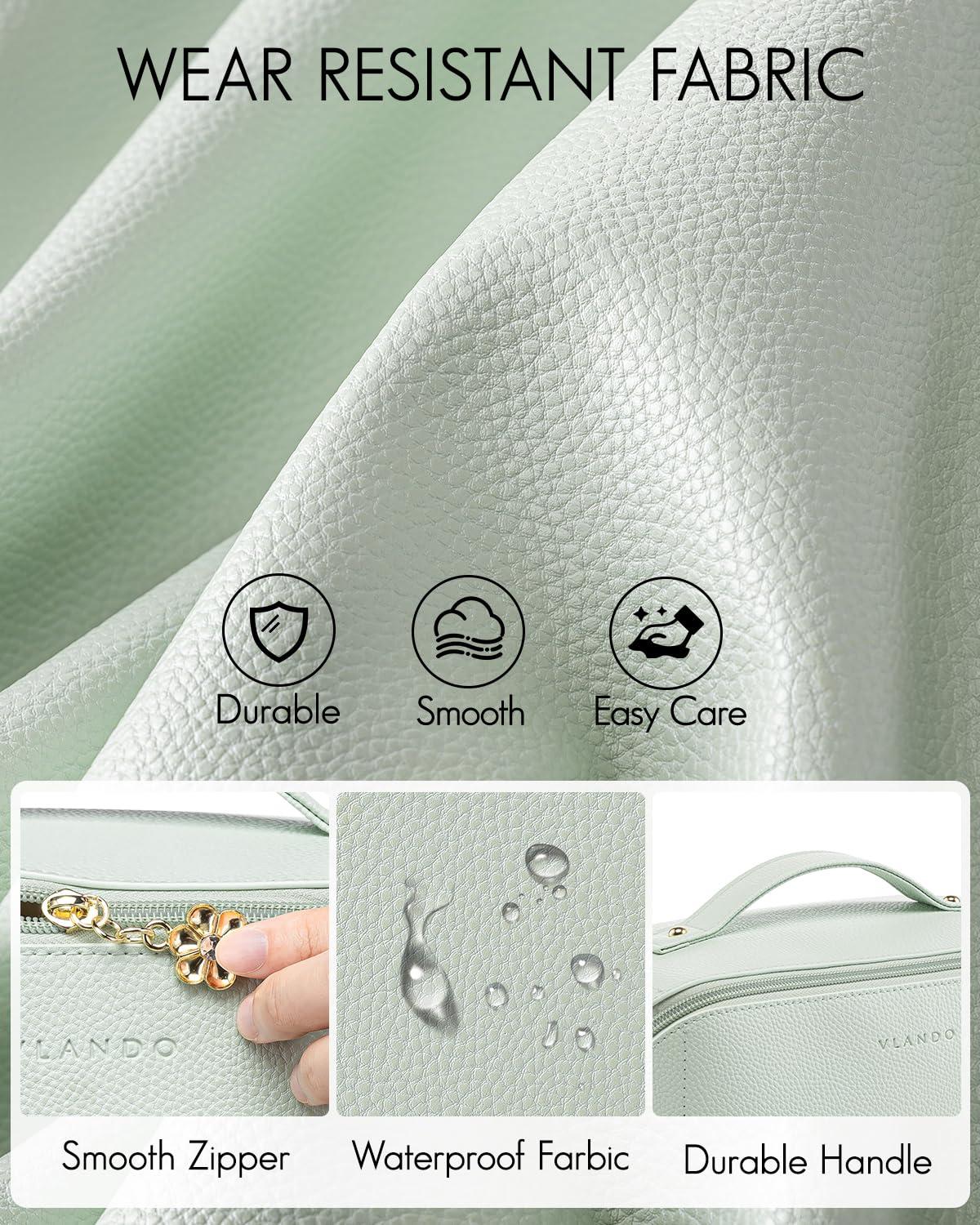 Vlando Vlando Makeup Bag,Travel Makeup Bag Waterproof Portable Cosmetic Bag PU Leather Open Flat Make up Organizer for Toiletries,Makeup Brushes Bag for Teen Girls Women(Mint Green)