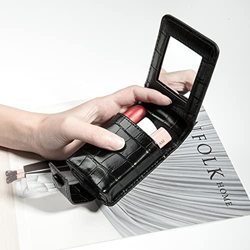 Beautyflier Beautyflier Women’s Soft PU Leather Makeup Lipstick Case, Lipstick Case Holder with Mirror Cute Portable Makeup Travel Cases for Purse Lipstick Holder (Black)