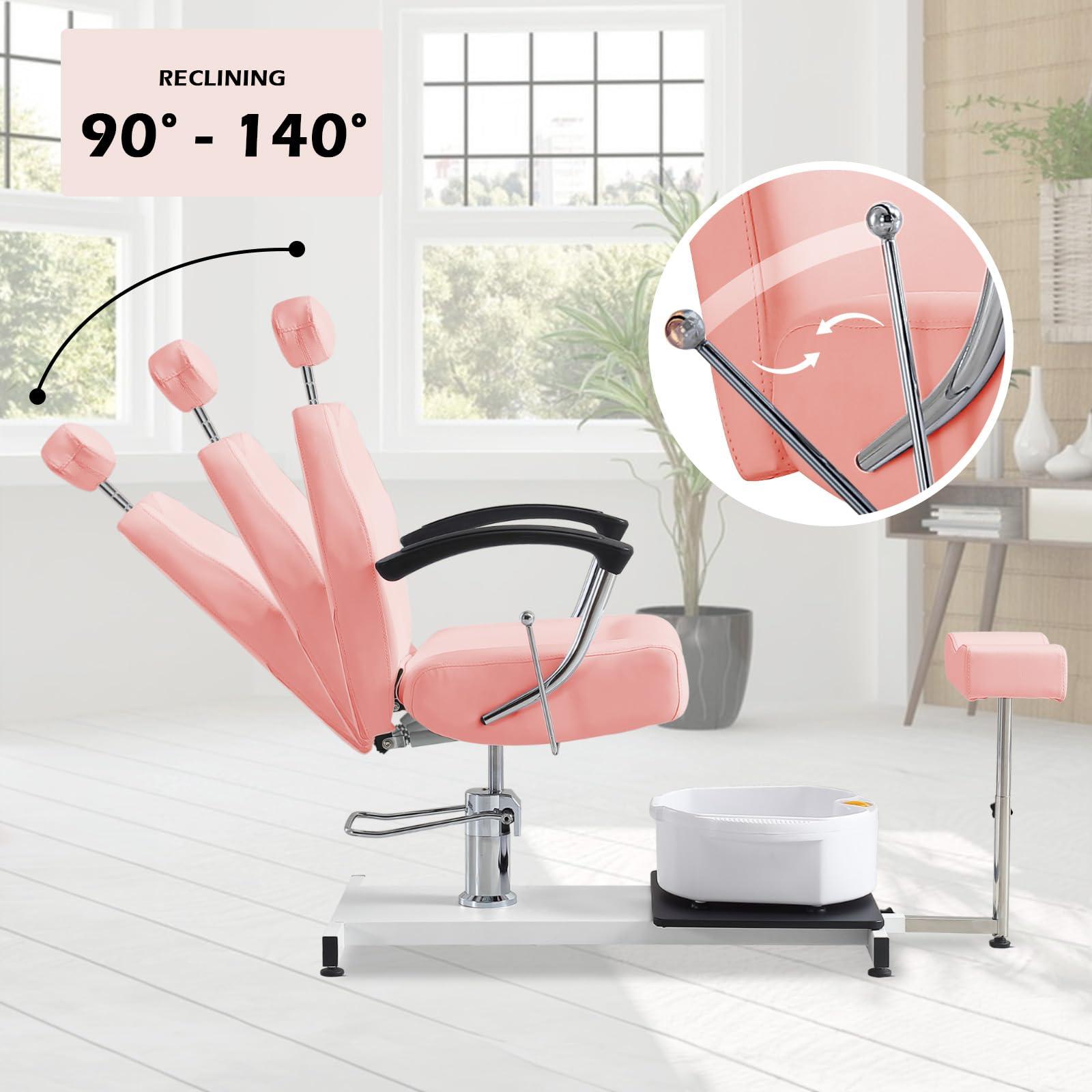 OKAKOPA OKAKOPA Reclining Portable Pedicure Station with Stool, Hydraulic Height Adjustable 360 Swivel Portable Pedicure Station w/Stool, Footrest, Foot Basin, Adjustable Headrest (Pink + Stool)