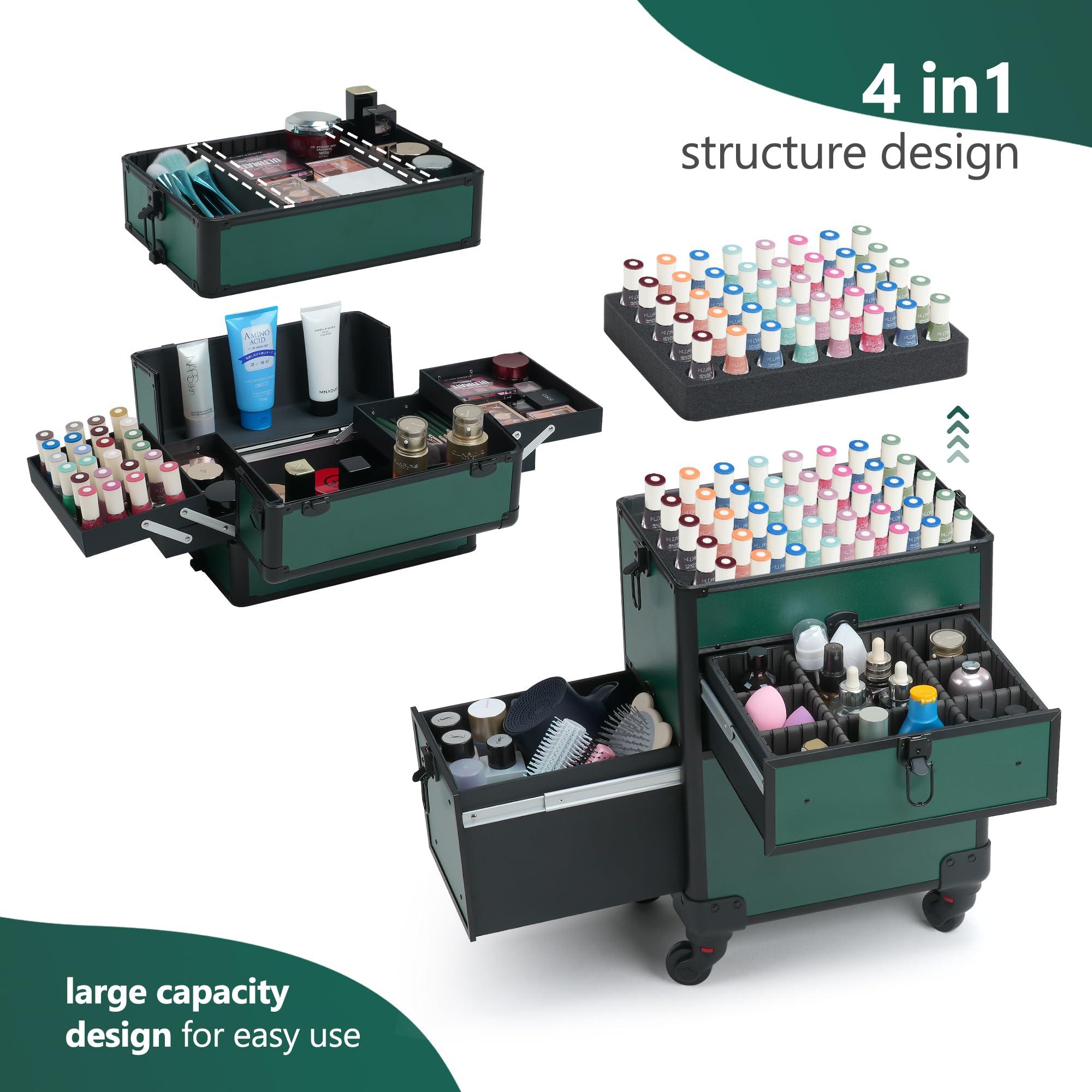 Somduy Somduy Rolling Makeup Case with Drawer, Makeup Train Case, 4 in 1Cosmetology Case on Wheels, Christmas Gift, Large Makeup Case Organizers, Profesional Cosmetic Case for Salon Barber, Green