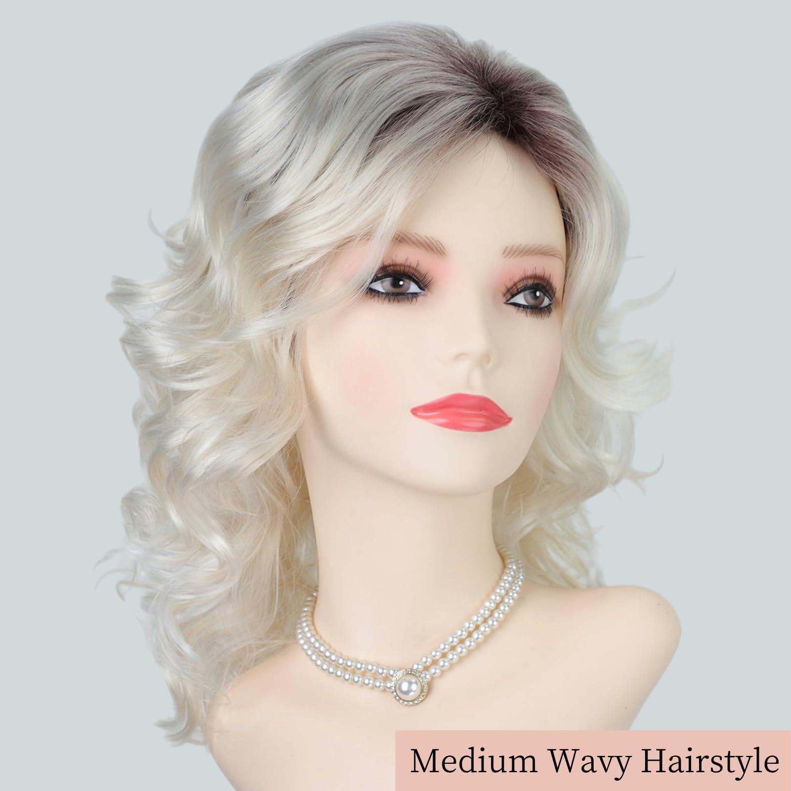 RENERSHOW RENERSHOW Medium Platinum Blonde Curly Wigs for White Women Ombre Blonde Wavy Wig Side Part Synthetic Hair Replacement Wig