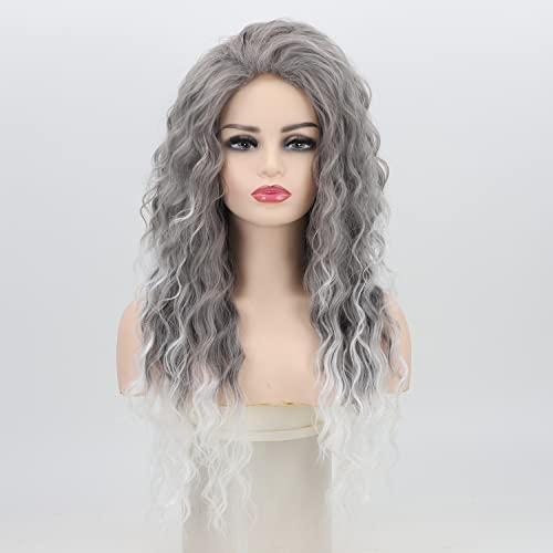 Fencca Fencca Grey Long Curly Wig Synthetic Mixed Gray Wave Curly Wigs for Women Free Part Full Curly Wig Layered Long Wavy Grey Wig