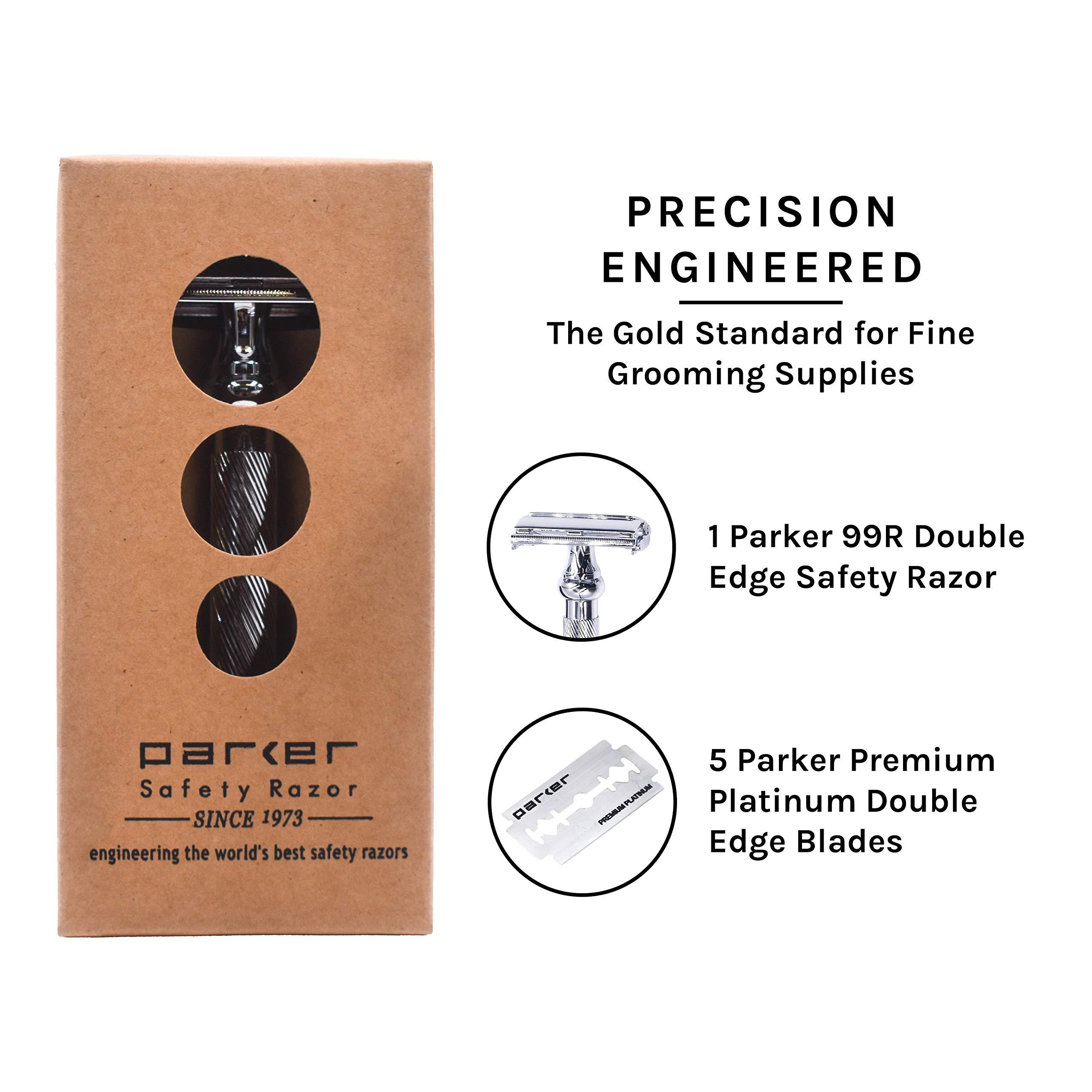Parker Safety Razor Parker 99R Chrome Long Handle Heavyweight Butterfly Open Double Edge Safety Razor for Men, 5 Parker Premium Platinum Double Edge Razor Blades Included