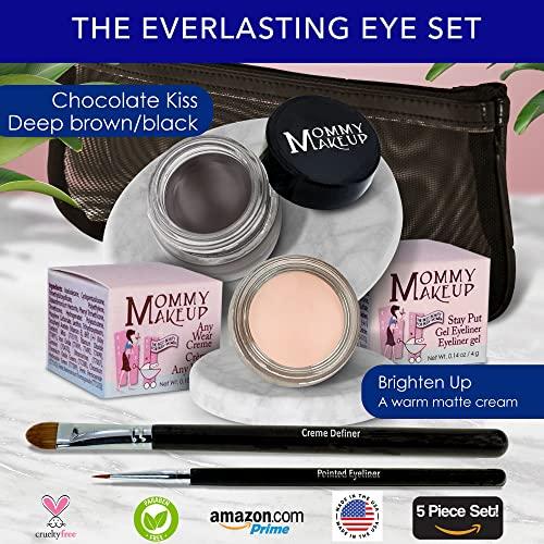 Mommy Makeup The Everlasting Eye 5 Piece Waterproof Makeup Set. Gel Eyeliner, Creme Eyeshadow, 2 brushes and Mesh Bag. Paraben-free, Talc-free, Cruelty-free. Brighten Up/Chocolate Kiss 2202