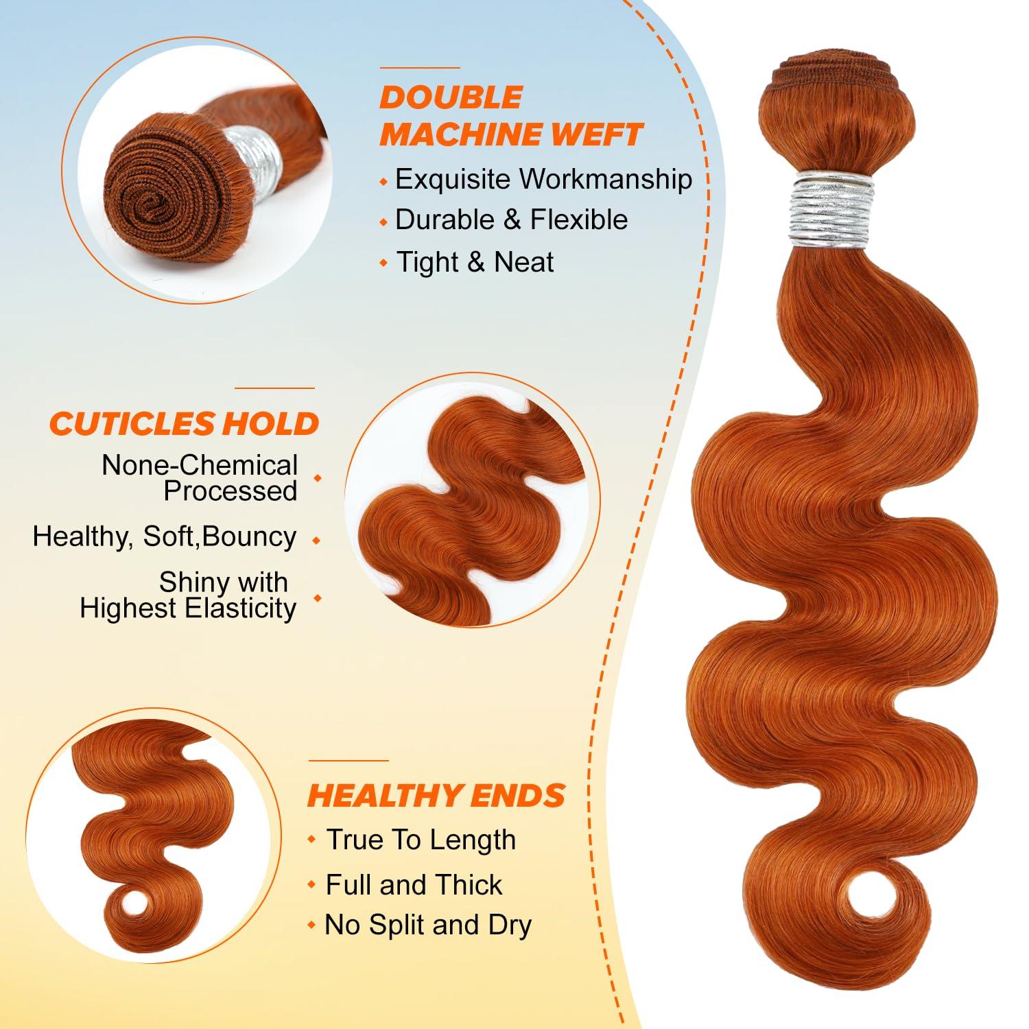 ALHER ALHER Ginger Bundles Human Hair Body Wave Ginger Bundles 350 Bundles Human Hair Sew In Weave Wavy 3 Bundles for Black Women 10A 100% Brazilian Remy Hair Soft Thick Copper Orange Color 10 12 14 Inch