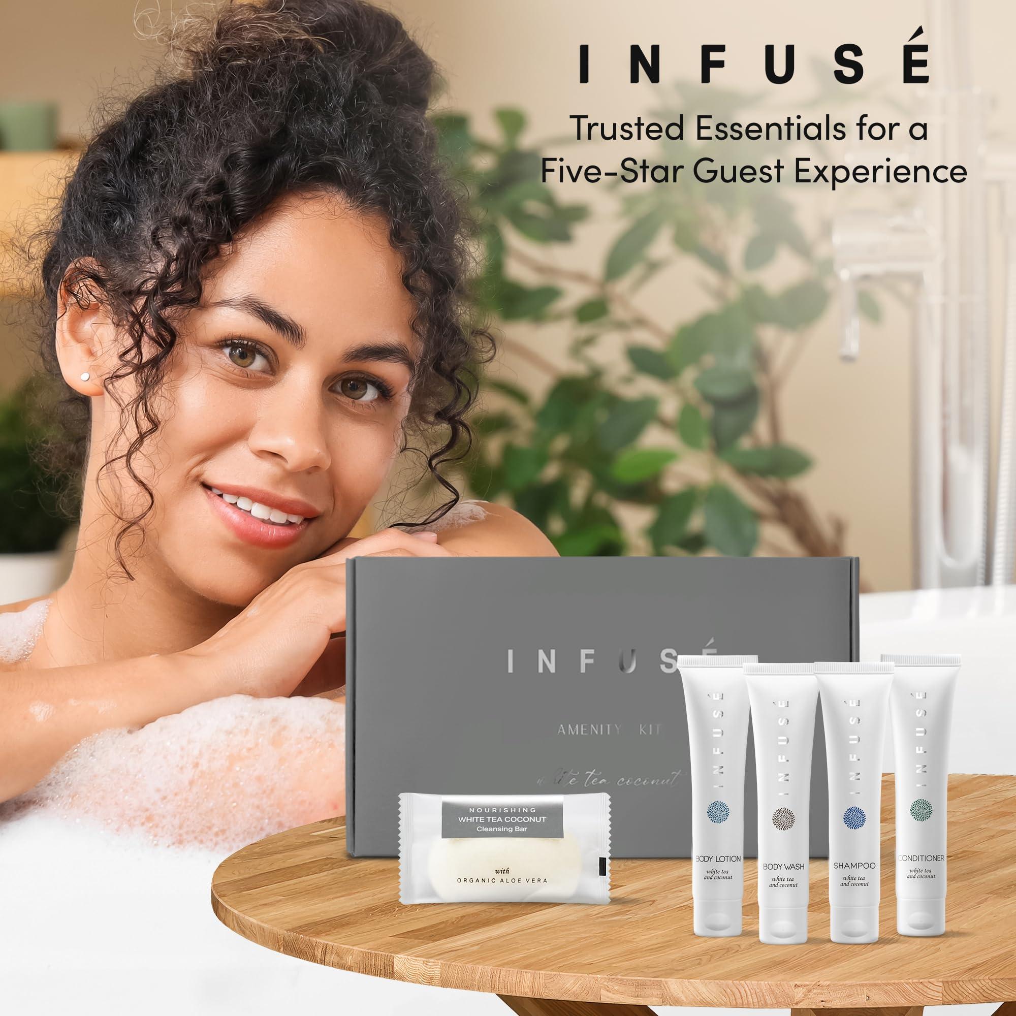 Terra Pure Infuse Amenity Kit | Hotel Bulk Toiletries | 1 oz Shampoo, Conditioner, Lotion, Body Wash, Cleansing Bar Soap for Guest Hospitality Vacation Rentals | 15 Sets/Case