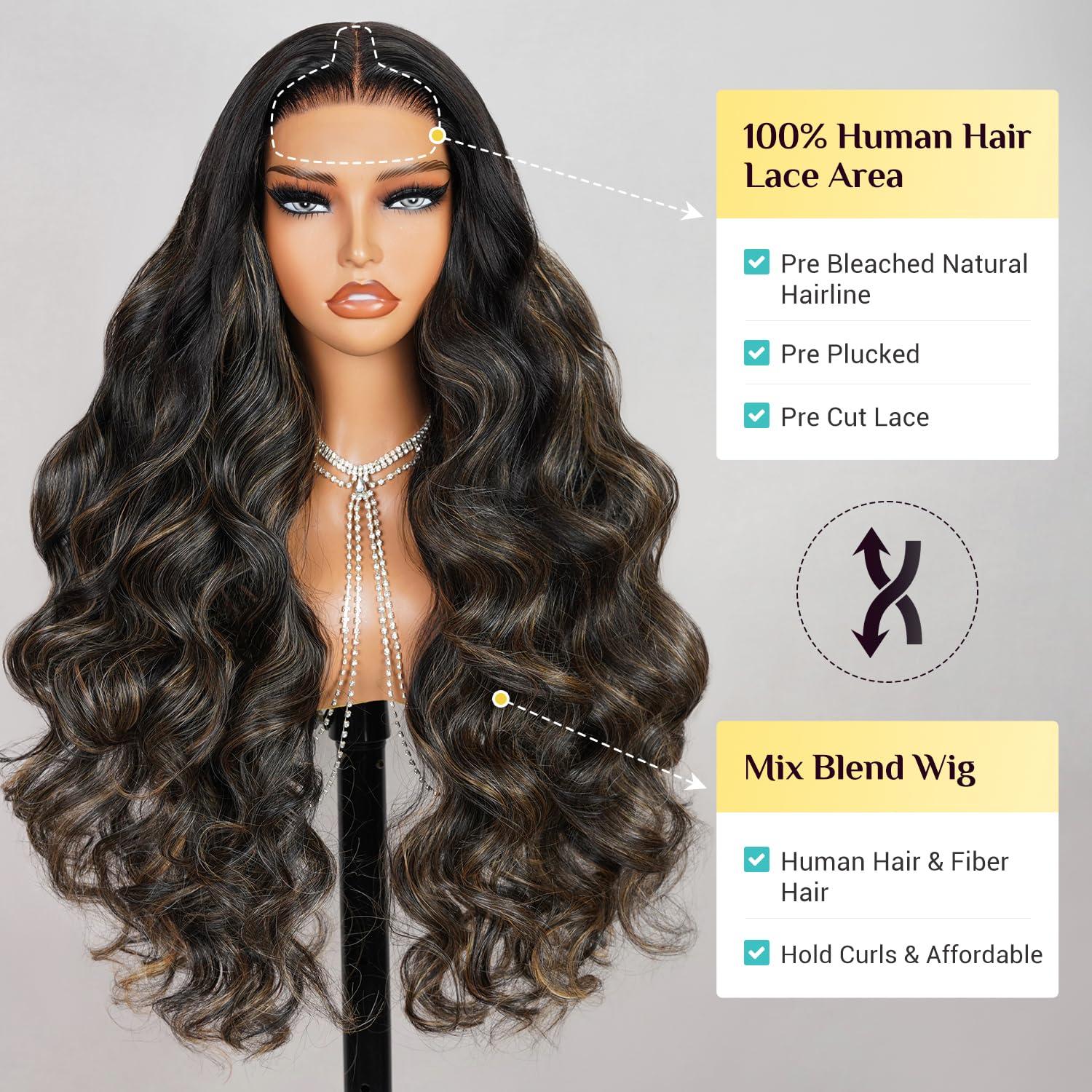 TESLAL TESLAL Balayage Wear and Go Glueless Wig Pre Cut HD Lace 6X6 Lace Wig 26 Inch 260% Density 1B/27 Highlight Body Wave Human Hair Blend Premium Fiber Wigs By Crafted Technology