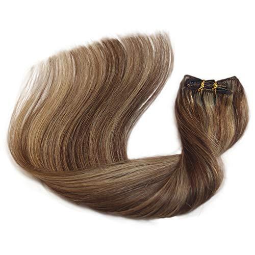 Munx Clip in Hair Extensions Brown and Blonde Highlights Real Human Hair Extensions 18 inches 70g Silky Straight Clip on Remy Balayage Hair Extension Full Head 7 Pcs