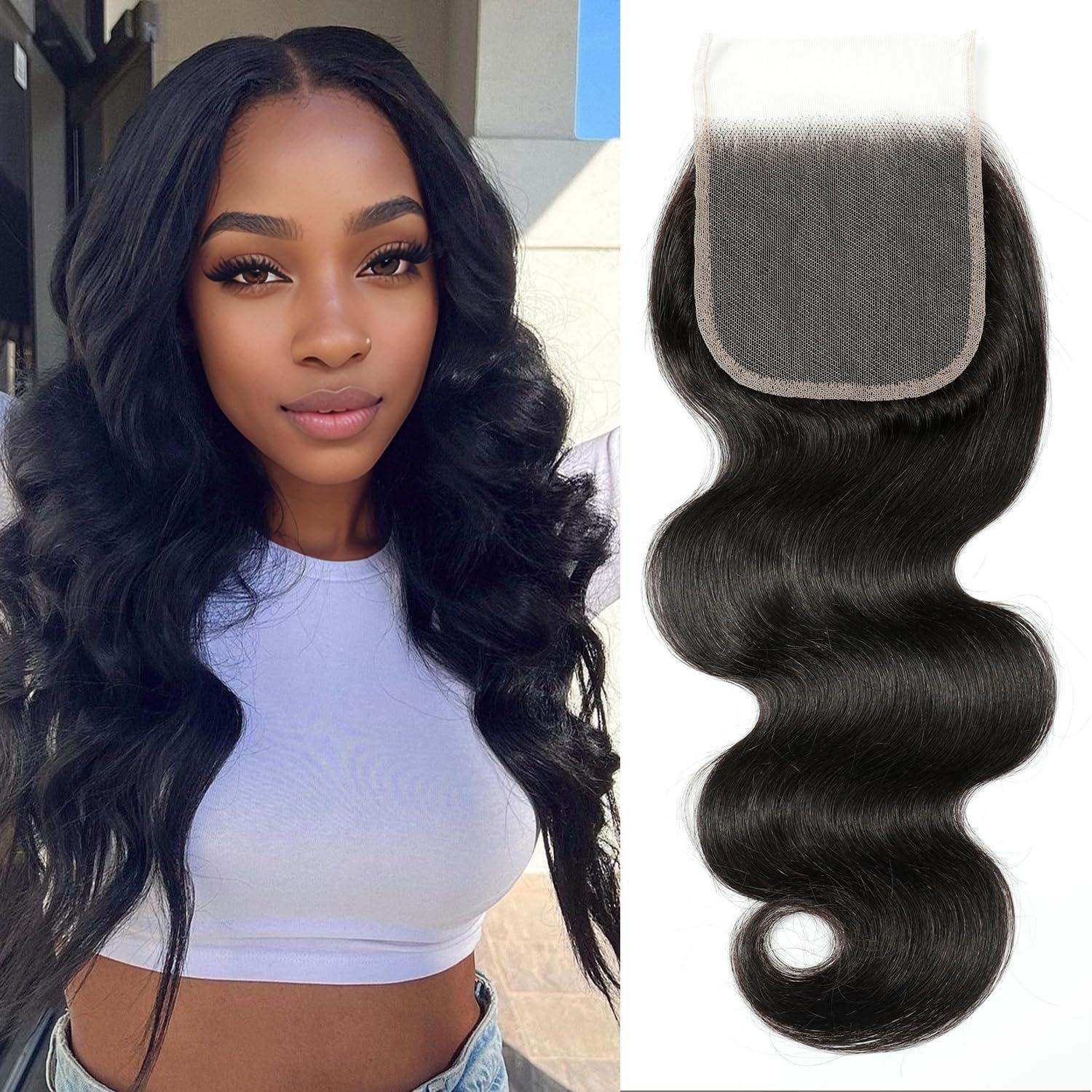 Renyarch 4x4 Transparent HD Lace Closure Human Hair Closure Invisible Lace Human Hair Frontal Closure Human Hair Extensions Pre Plucked Natural Black (16Inch,Body Wave)