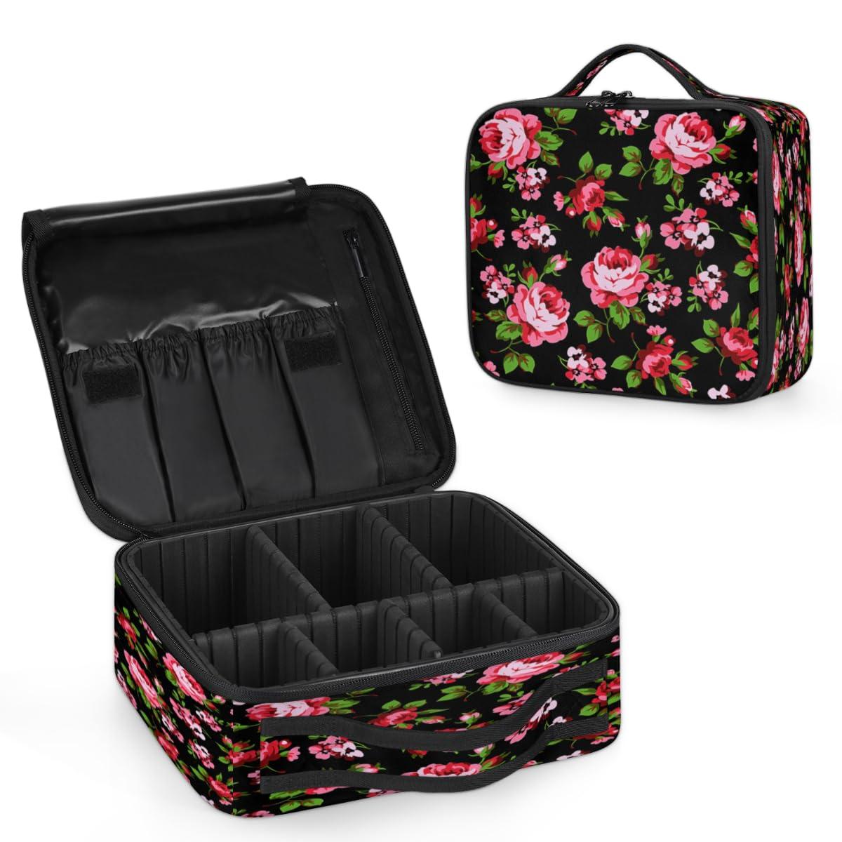QsirBC QsirBC Makeup Train Case with Adjustable Dividers, Portable Make Up Bag for Women, Toiletry Bag for Men with Waterproof Brush Cover, Cartoon Rose Travel Makeup Organizer Makeup Box