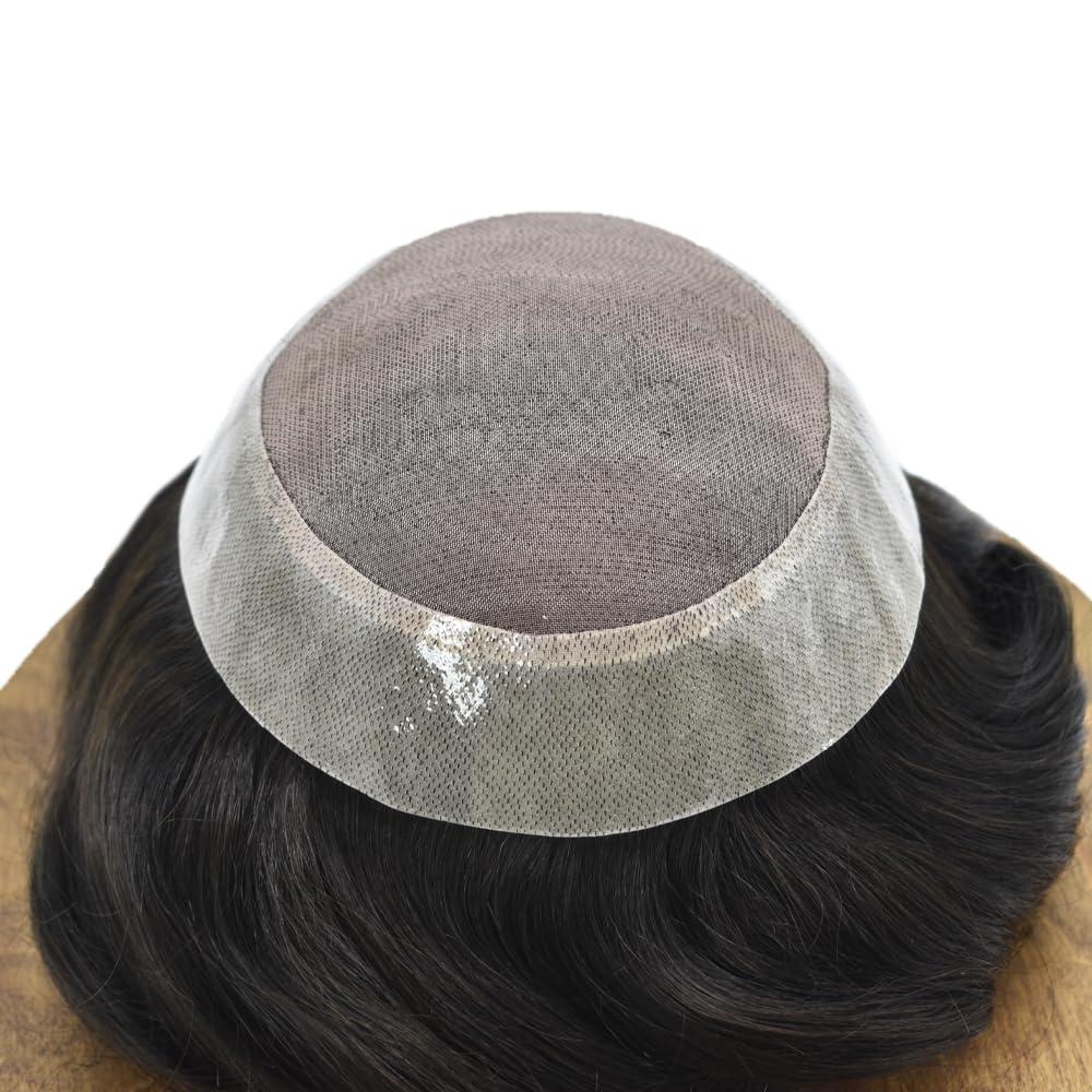 Brave Hair Generic Hair System for Men Toupee Human Hair Pieces French Lace Front Bleached Knot Toupee for Men Hair Replacement Systems Durable Fine Monofilament Men\'s Hairpiece 8X10 1B# OFF BLACK