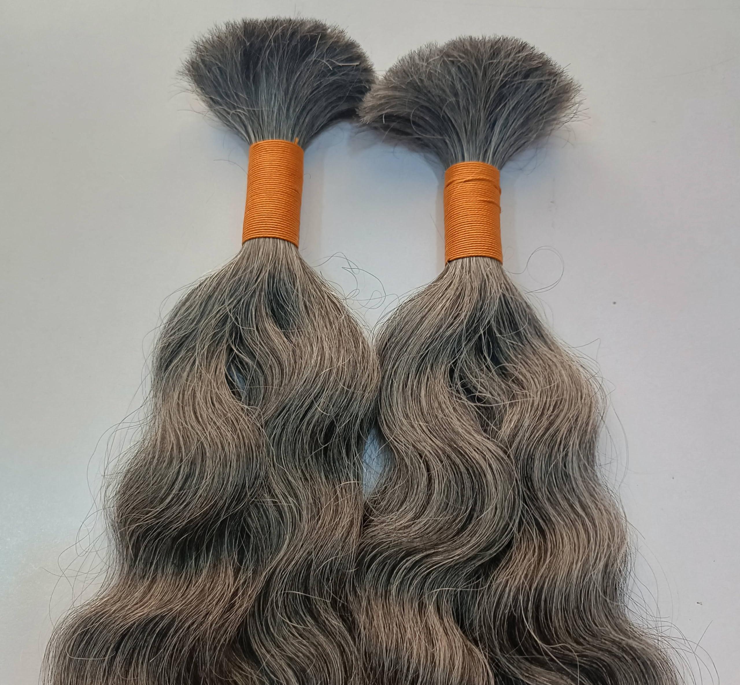 Hat Hair Extensions 100% Natural Raw Unprocessed Hair Extensions (Grey), Indian Grey Braiding Wavy Human Grey Hair Extensions salt and pepper. non-sewn bulk/braid grey salt and pepper human hair. (14 Inches)