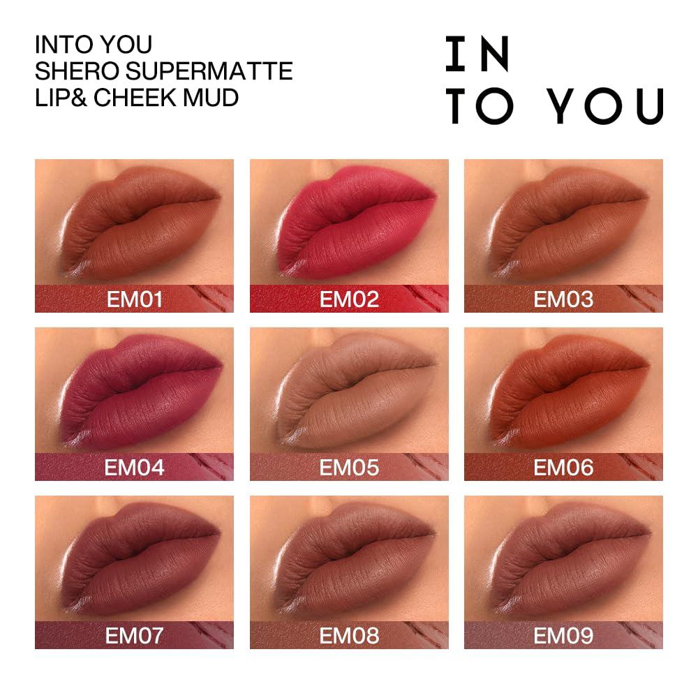 INTO YOU INTO YOU Matte Lipstick, Super Stay Lipstick for Women, Waterproof, Long Lasting Lipstick, High Impact Lipcolor with Lightweight Lip Mud Texture, Dual-use for Lips and Cheek, Red Lipstick (EM01)