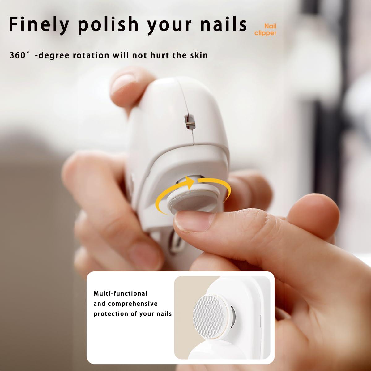 LISSAHNE Electric Automatic Nail Clipper with Light, LISSAHNE 2 in 1 Fingernail Cutter and Polisher USB Rechargeable, Safety Fingernail Trimmer for Baby Seniors and Adult Gift Choice White