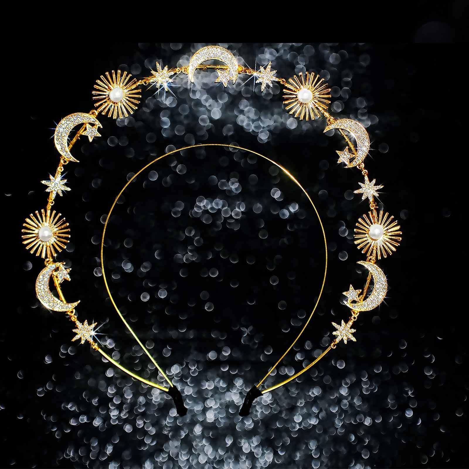 Wosois Wosois Gold Hair Band Rhinestone Hair Bands Crystal Double Loop Hair Bands Sun Star Moon Goddess Statue Hair Bands Seaside Vacation Photography Party Hair Band Accessories (Gold, Free)