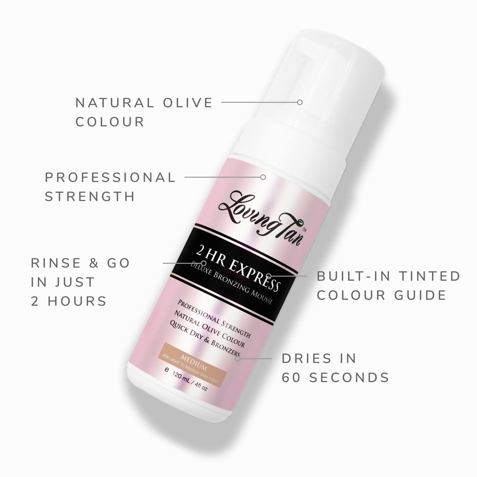 Loving Tan Loving Tan 2 HR Express Self Tanning Mousse, Medium - Streak Free, Natural, Professional Quality - 5+ Sunless Self Tanner Applications per Bottle, Cruelty Free, Naturally Derived DHA - 4 FL Oz